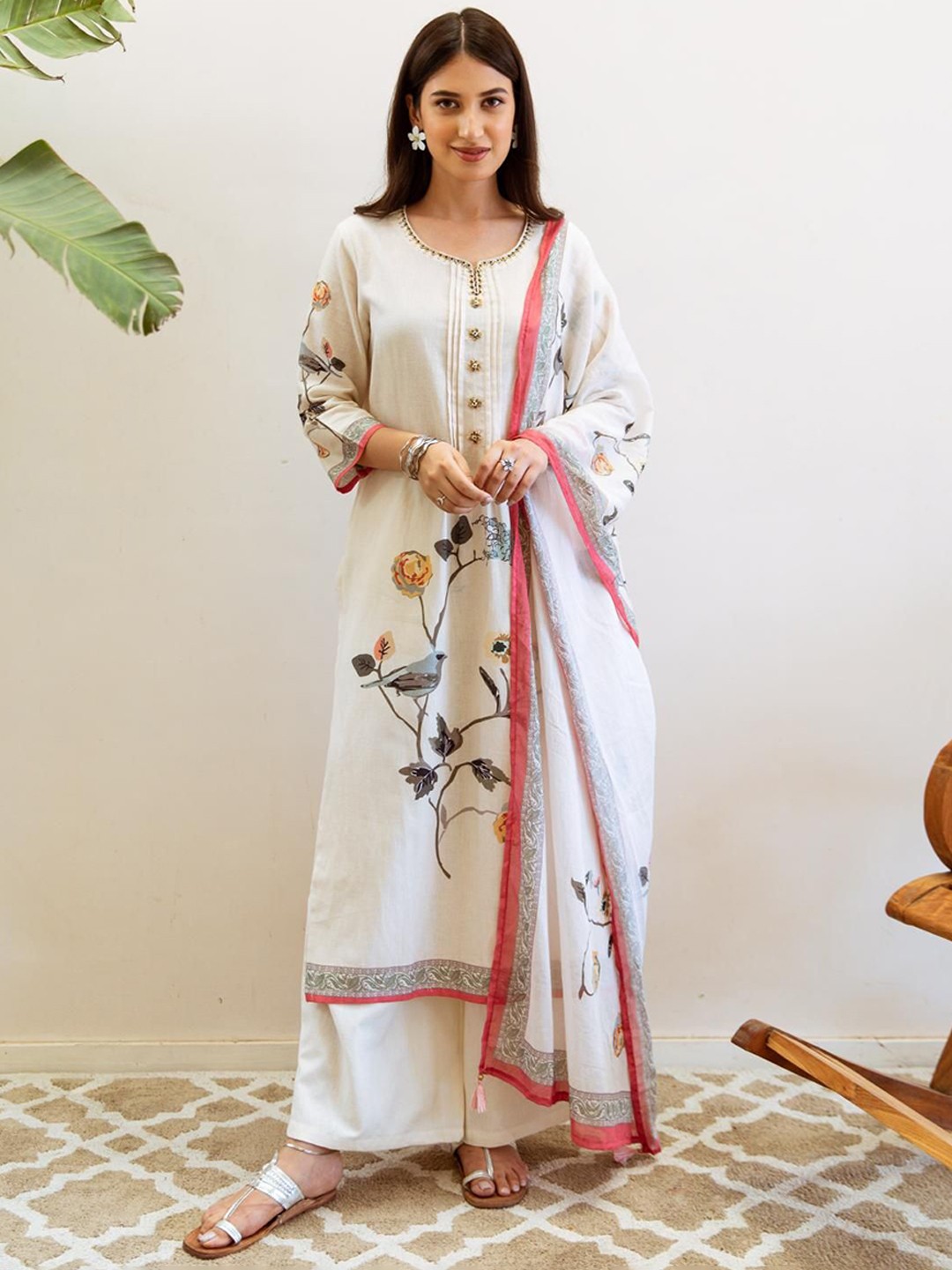 

Ishin Floral Printed Beads and Stones Linen Kurta with Palazzos & Dupatta, Cream