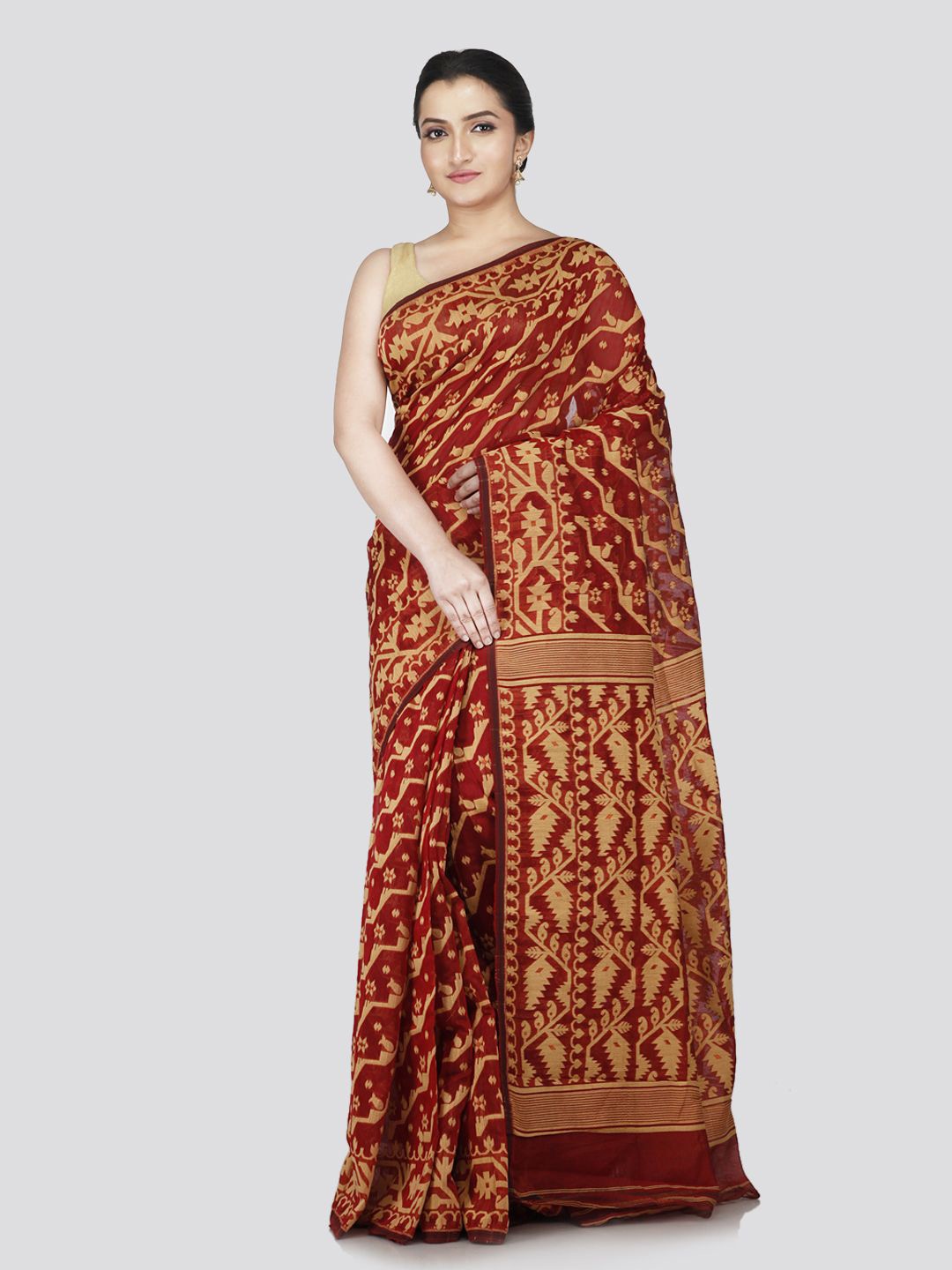 

PinkLoom Woven Design Zari Pure Cotton Jamdani Saree, Maroon