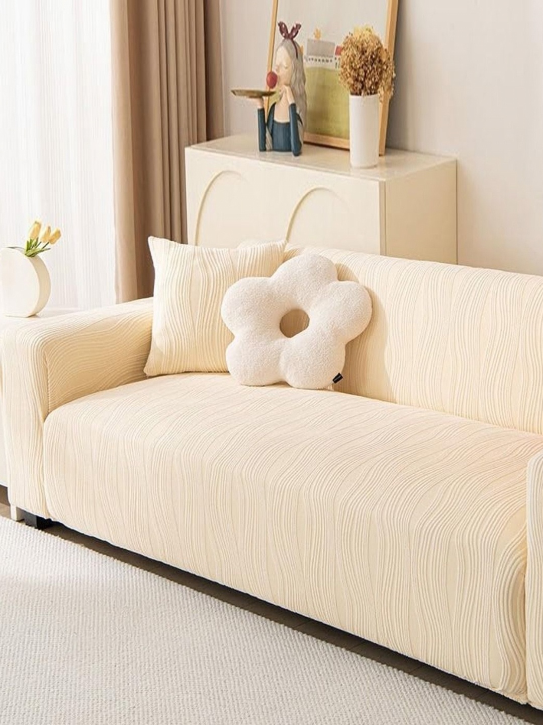 

Furshine Cream-Coloured 1 Piece Self Design Textured Sofa Cover With Arms