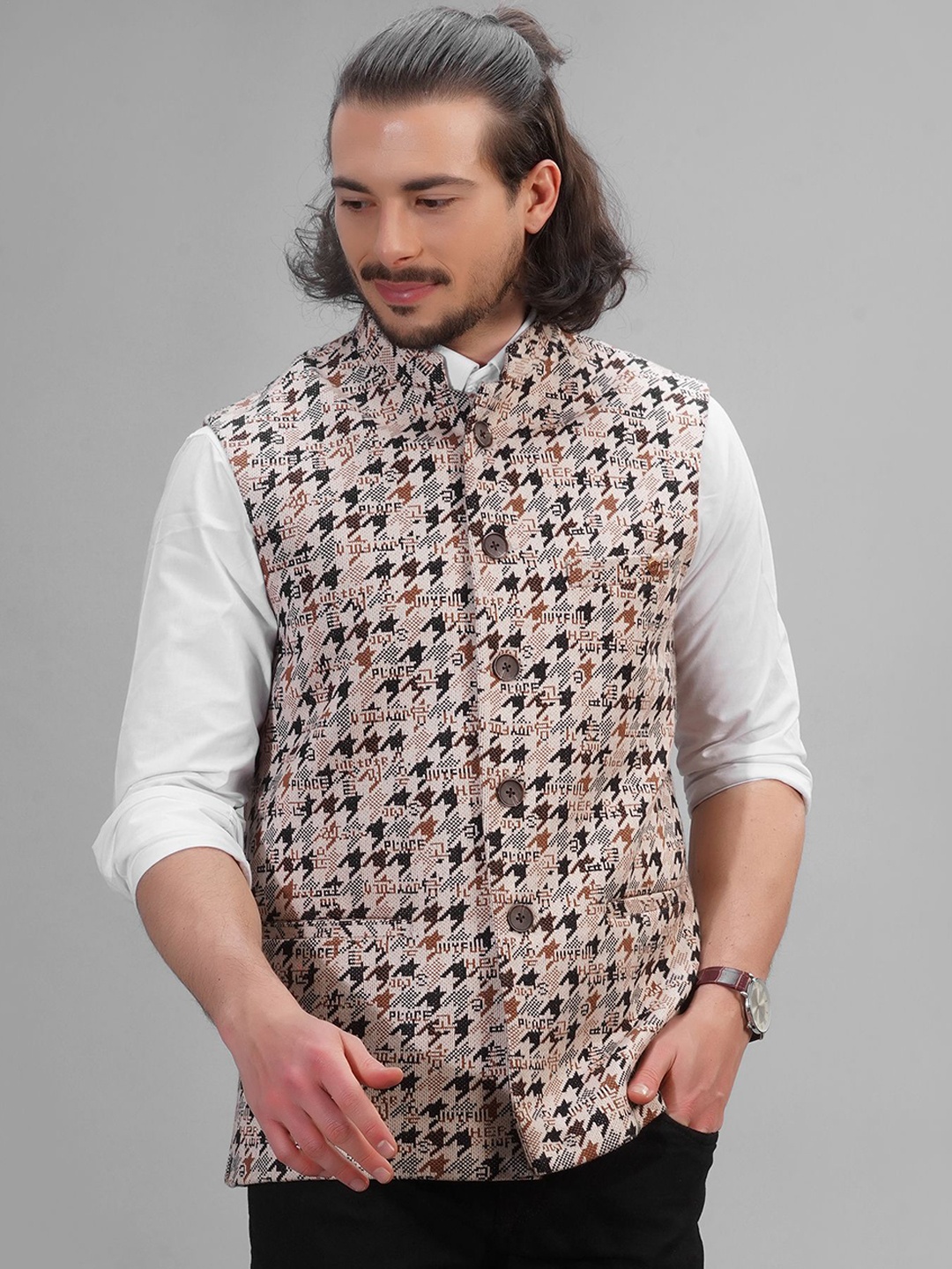 

LA'SCOOT Men Regular Fit Nehru Collar Designer Printed Party Wear Waistcoat, Brown