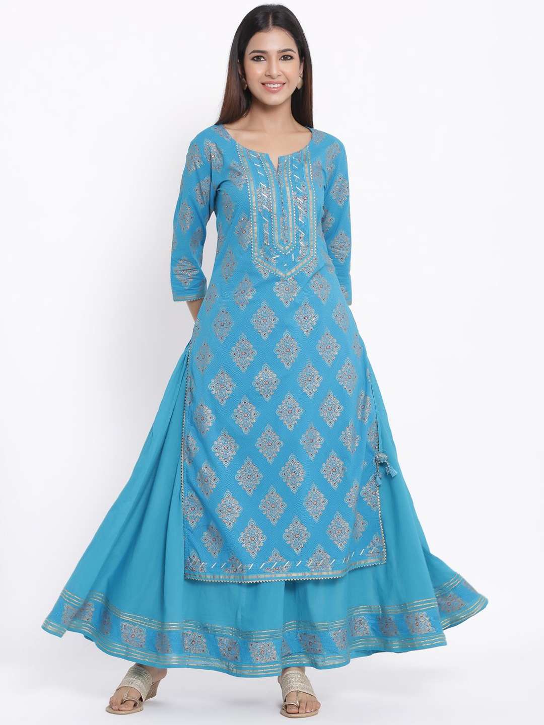 

CHIRAAI Ethnic Motifs Printed Notch Neck Straight Kurta with Skirt, Turquoise blue