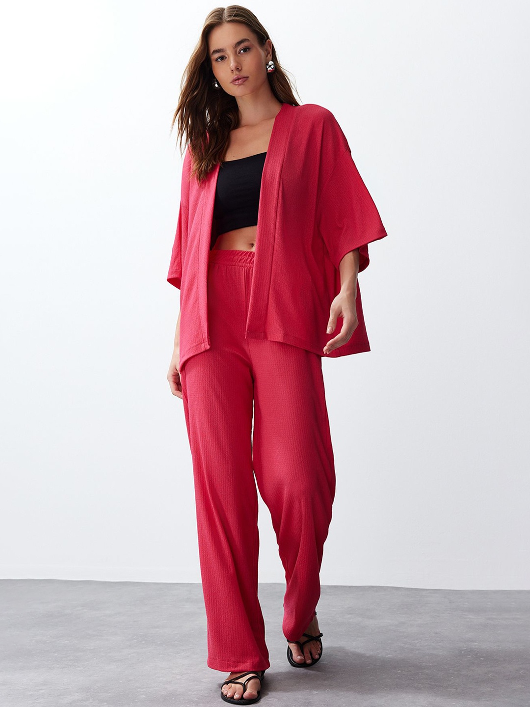 

Trendyol Shawl Neck Short Sleeves Shrug With Trouser, Red