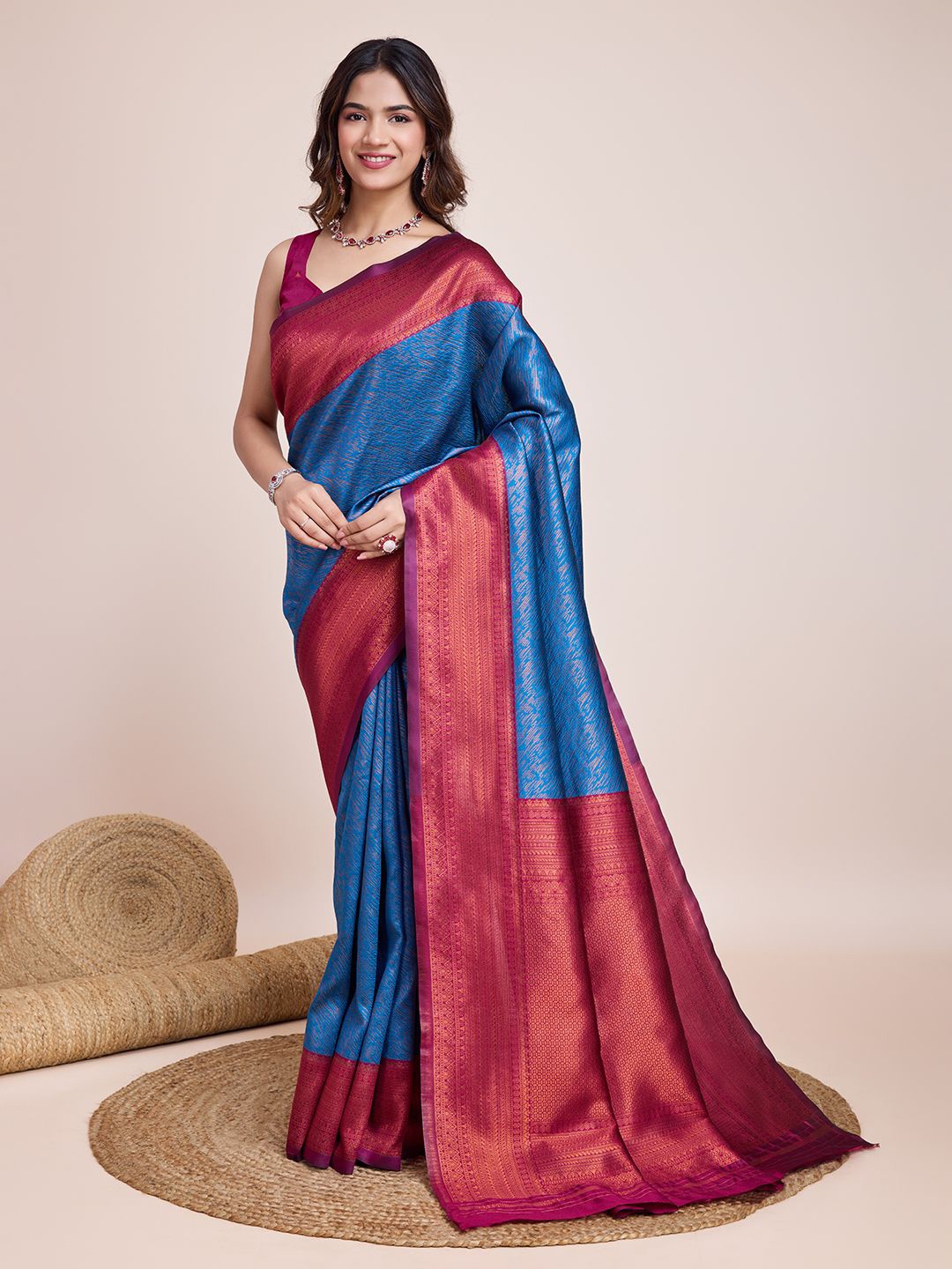 

CARTYSHOP Warli Solid Zari Pure Silk Banarasi Saree, Blue
