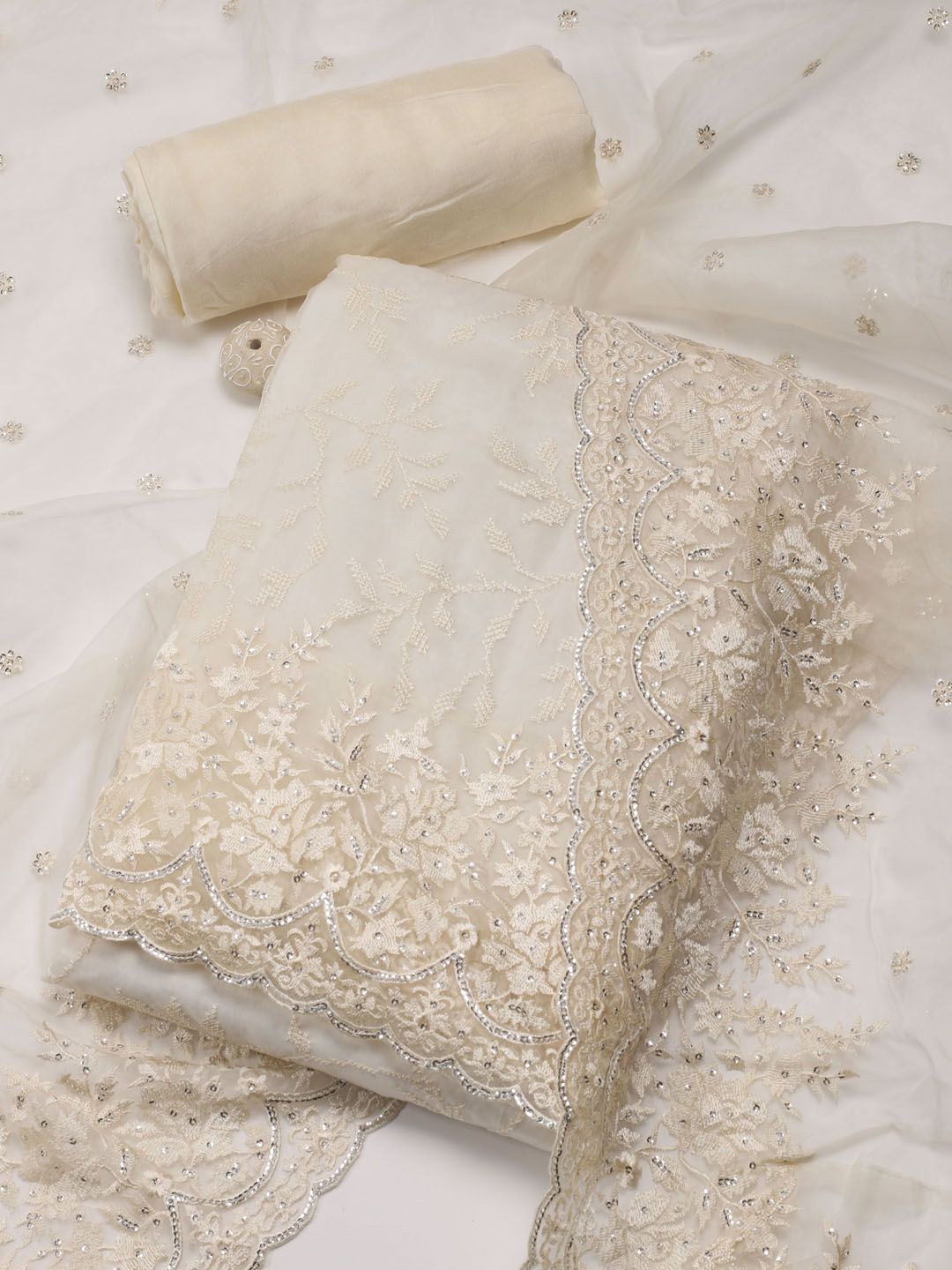 

Meena Bazaar Floral Embroidered Sequinned Organza Unstitched Dress Material, Cream