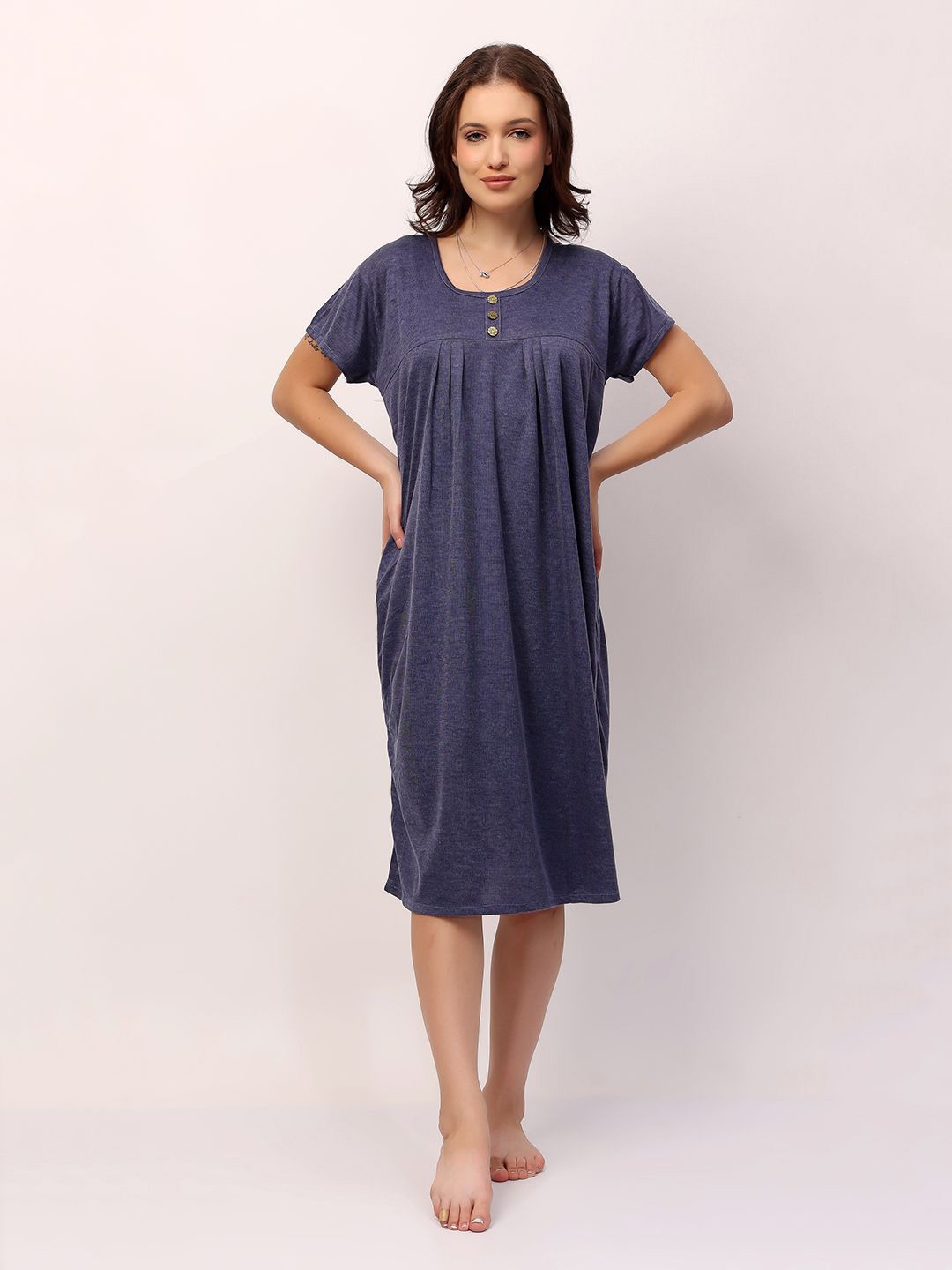 

NIGHT KEYS Solid Short Sleeves Nightdress, Navy blue