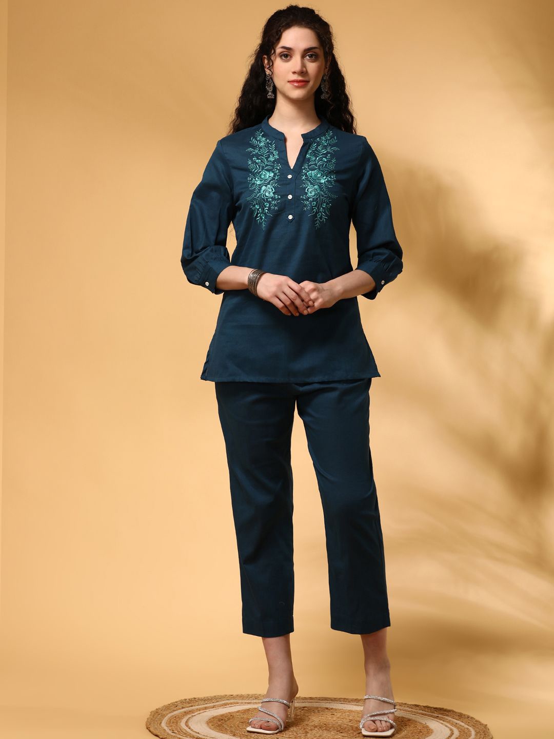 

Anouk Teal Blue Floral Embroidered Mandarin Collar Pure Cotton Top With Trousers