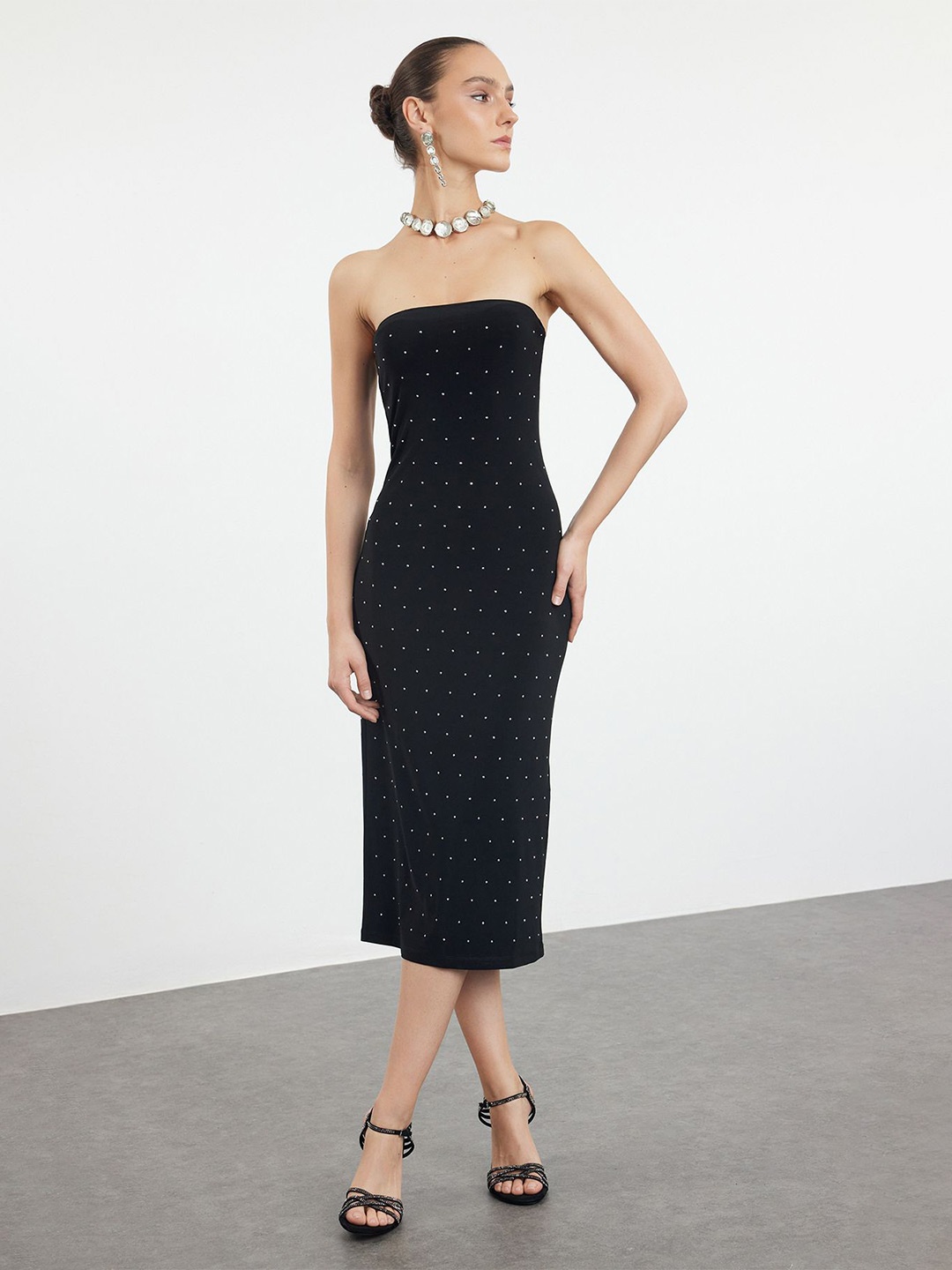 

Trendyol Polka Dots Printed Bodycon Midi Dress, Black