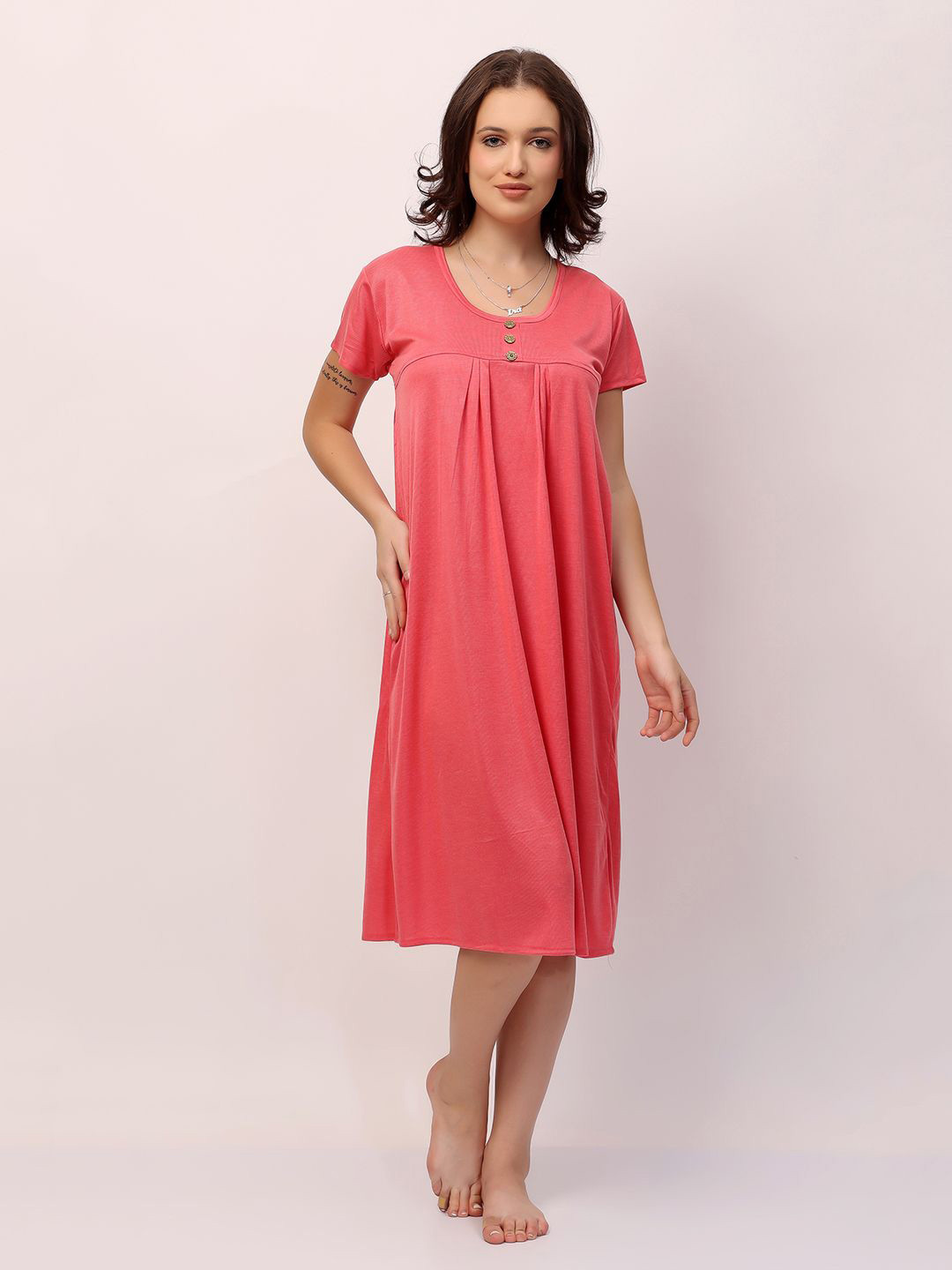 

NIGHT KEYS Women Short Sleeves Midi Nightdress, Pink
