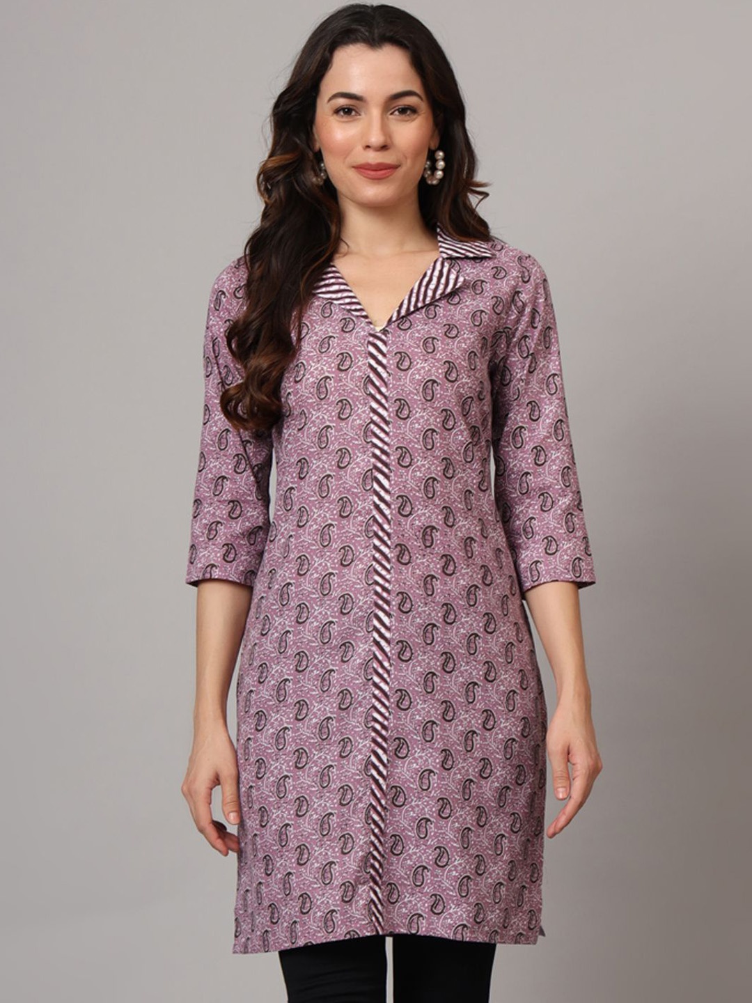 

Anouk Rustic Paisley Printed Lapel Collar Pure Cotton Straight Kurta, Pink