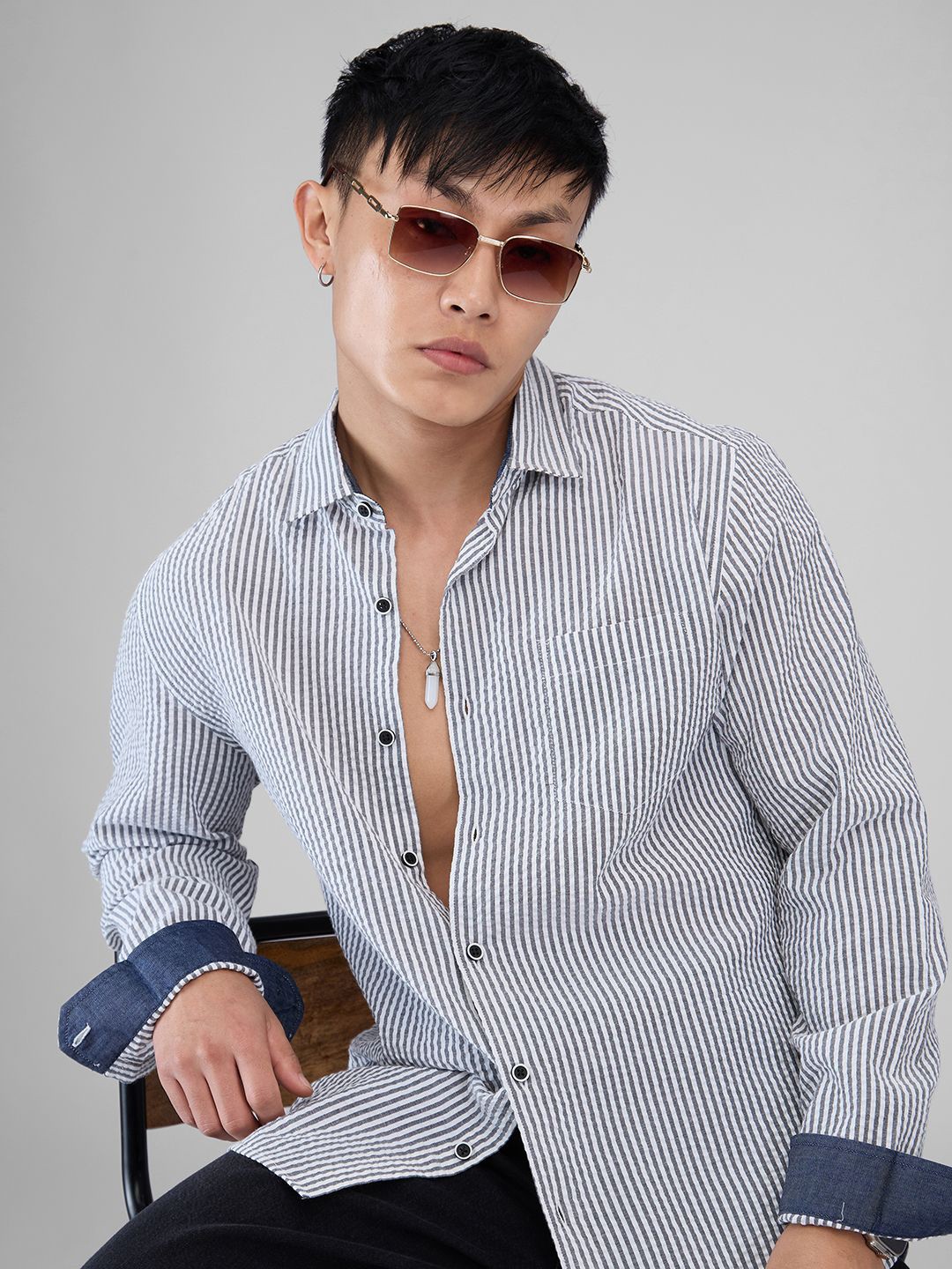 

VASTRADO Men Classic Slim Fit Pinstripes Opaque Striped Casual Shirt, Black