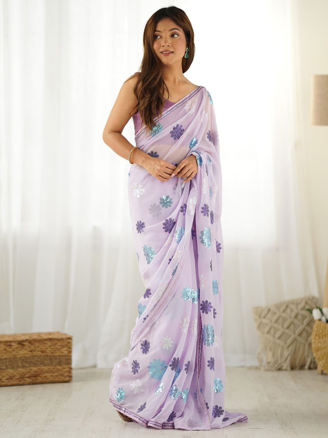 

Anouk Embellished Sequinned Poly Georgette Saree, Lavender