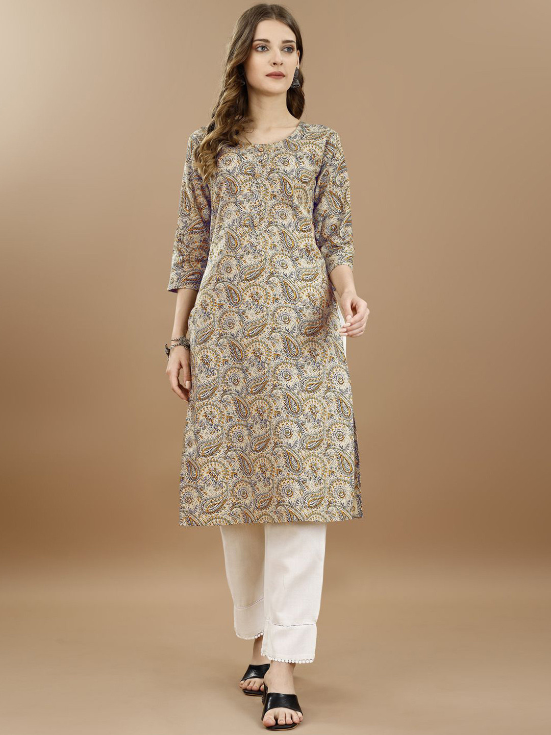 

KUNDAN FAB Paisley Printed Cotton Straight Kurta, Beige
