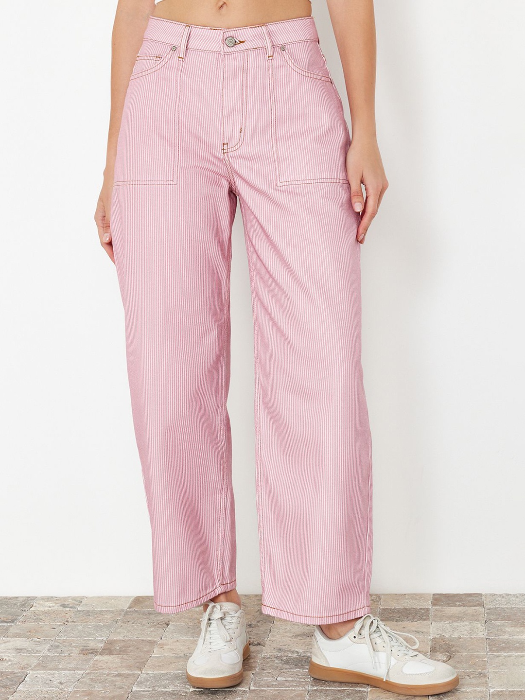 

Trendyol Women Relaxed Fit Striped Jeans, Pink