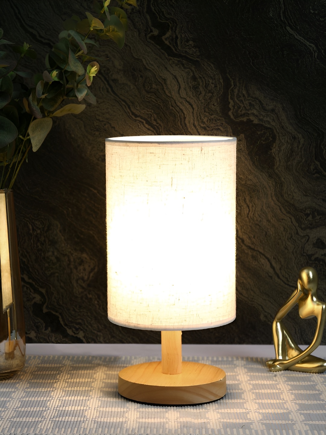 

TAYHAA White & Brown Wood Contemporary Cylindrical Shaped Table Lamp