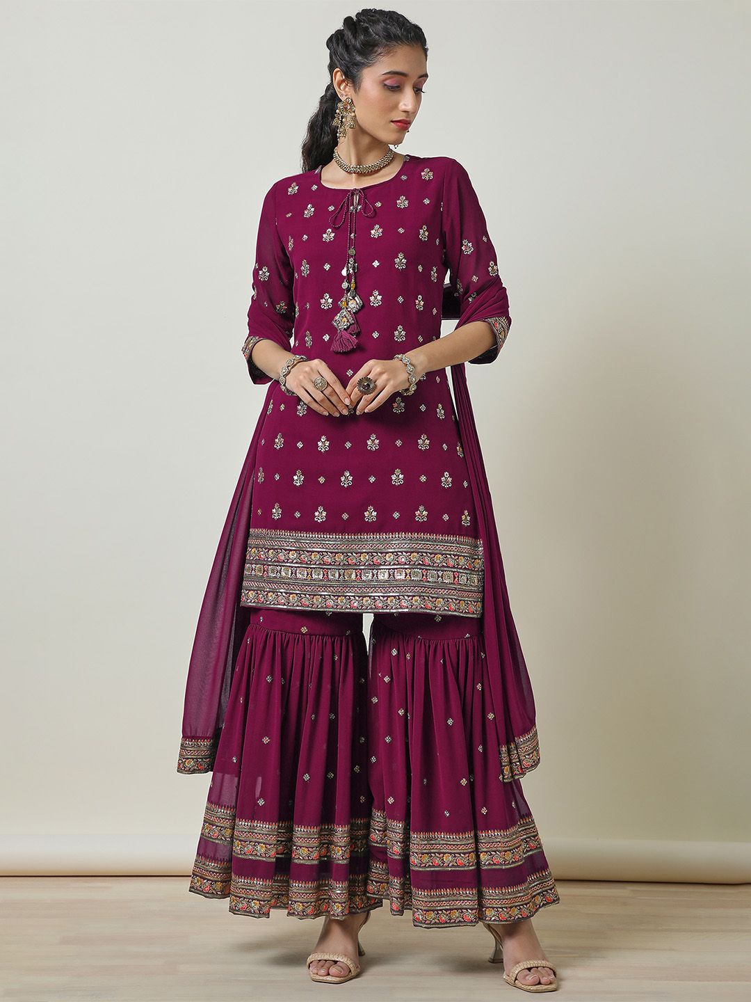 

Soch Floral Embroidered Georgette Straight Kurti With Sharara & Dupatta, Pink