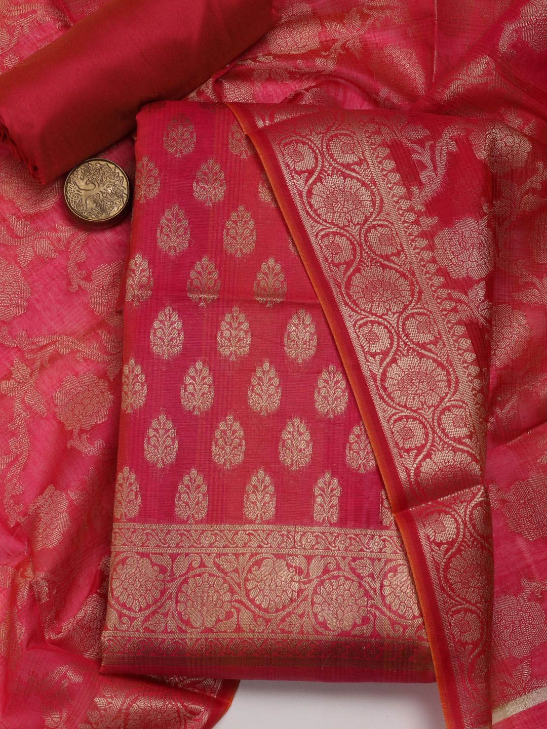 

Meena Bazaar Ethnic Motifs Woven Design Zari Unstitched Dress Material, Pink