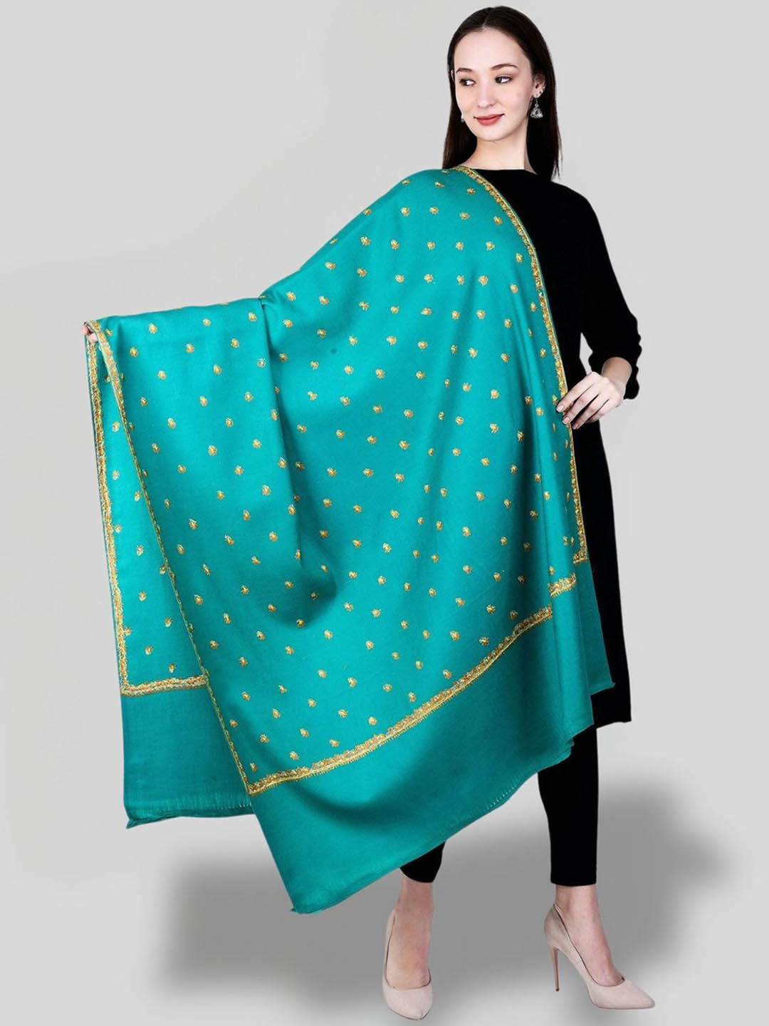 

SWI Stylish Floral Embroidered Pure Woollen Shawl, Sea green