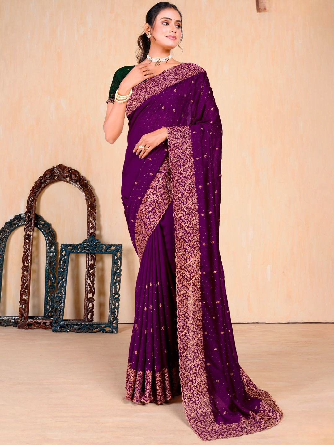 

Mitera Embroidered Embellished Saree, Purple