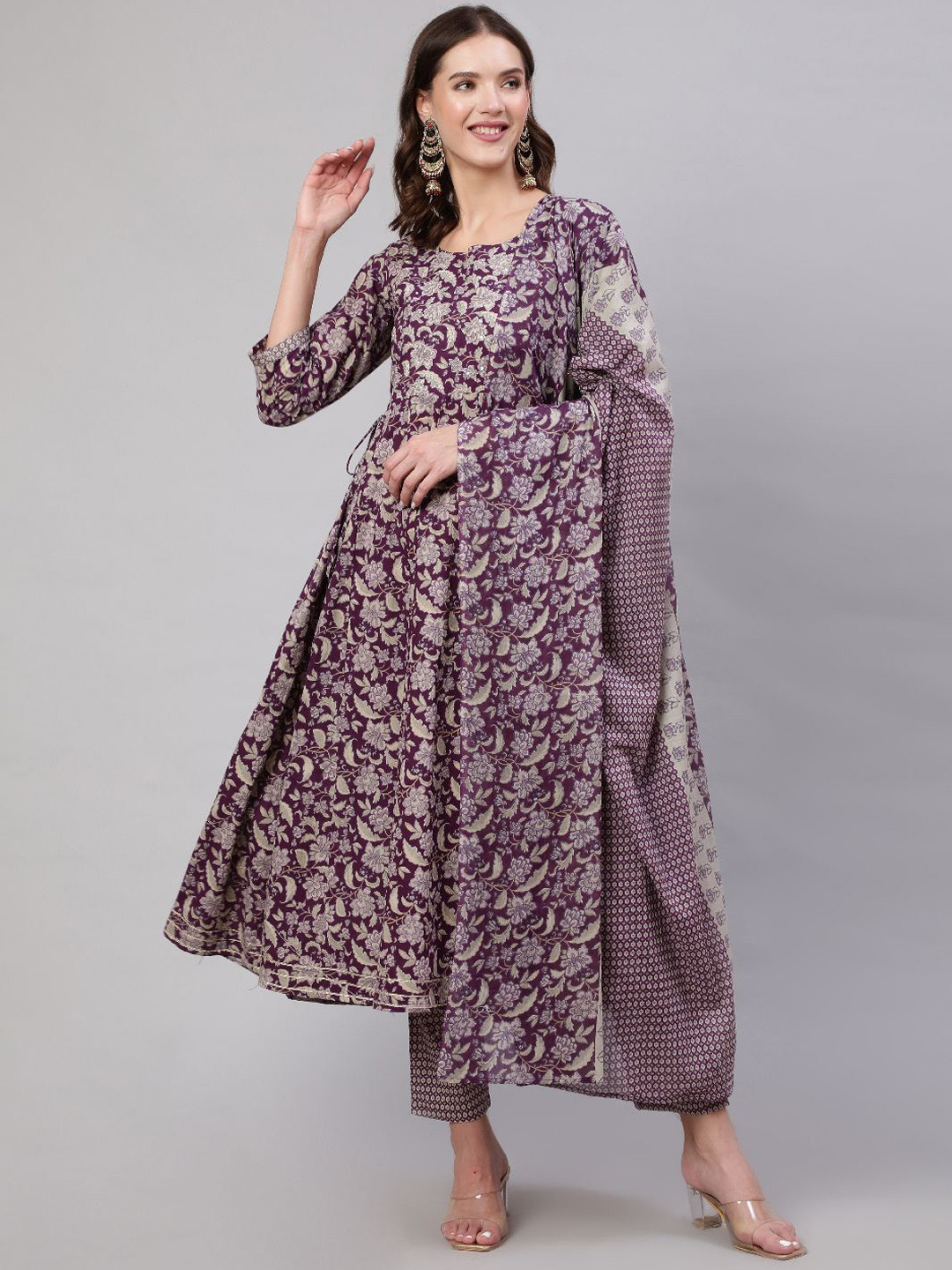 

Mizaz Floral Printed Gotta Patti Pure Cotton Anarkali Kurta With Trousers & Dupatta, Purple