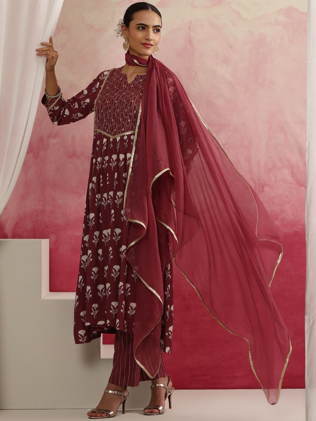 

Khushal K Floral Printed Pleated Thread Work Anarkali Kurta with Palazzos & Dupatta, Maroon