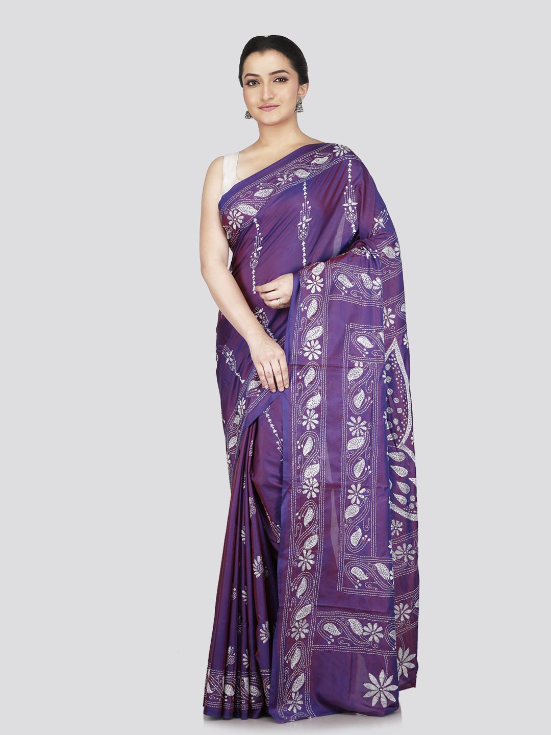 

PinkLoom Floral Kantha Work Pure Silk Saree, Purple