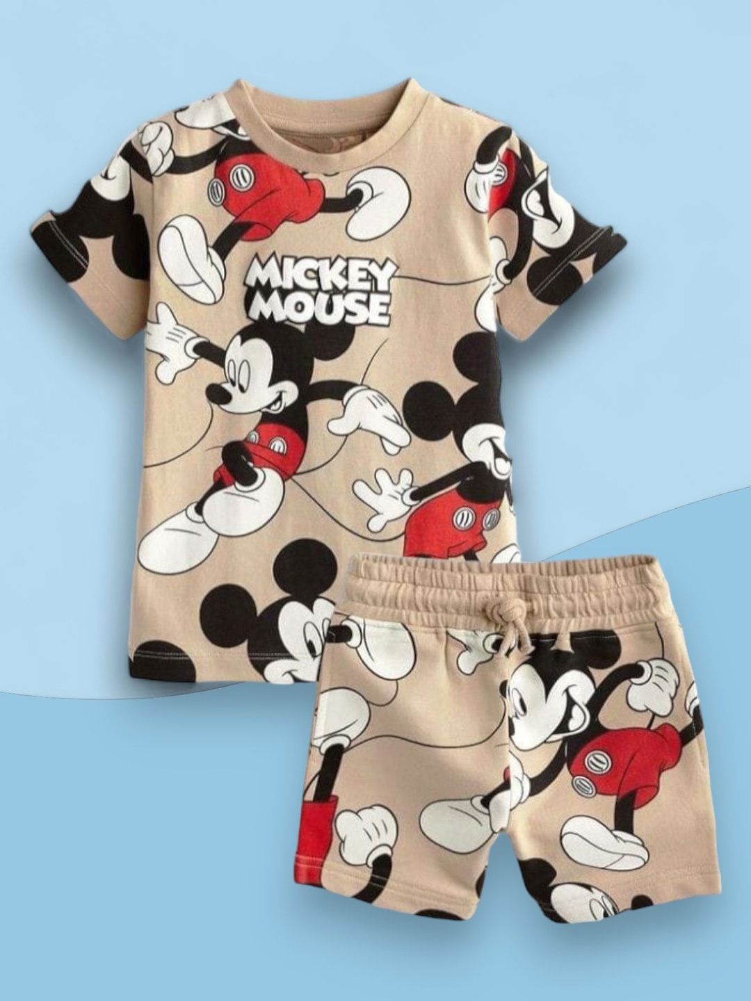 

SG-9 Boys Mickey Mouse Printed Round Neck T-shirt with Shorts, Beige