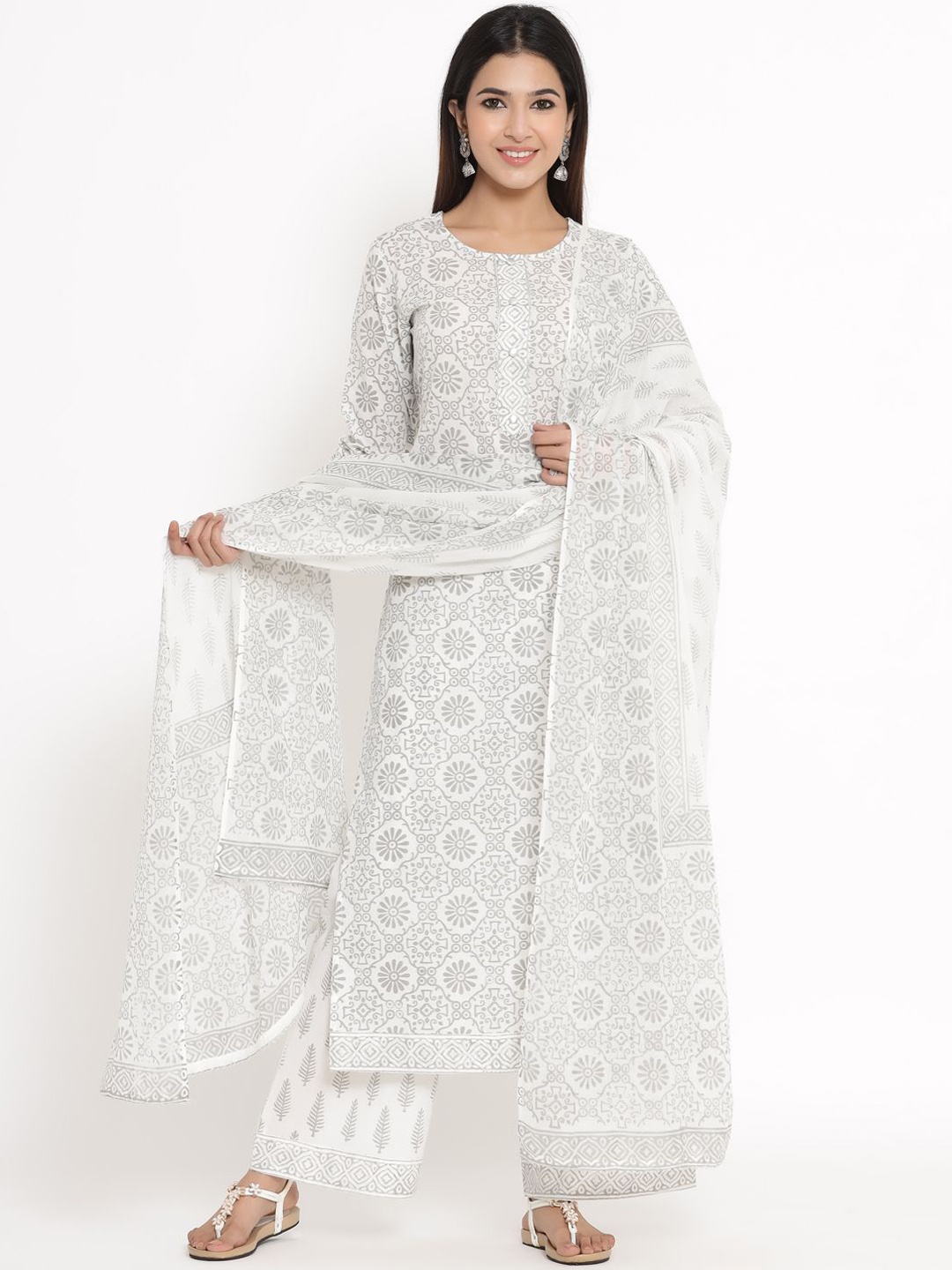 

CHIRAAI Women Ethnic Motifs Printed Regular Pure Cotton Kurta with Palazzos & With Dupatta, White