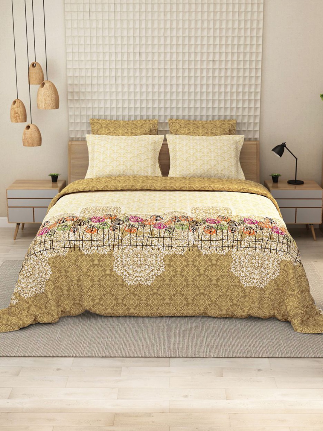 

LABHAM Pink & Mustard Ethnic Motifs 152 TC Pure Cotton King Bedsheet With 2 Pillow Covers