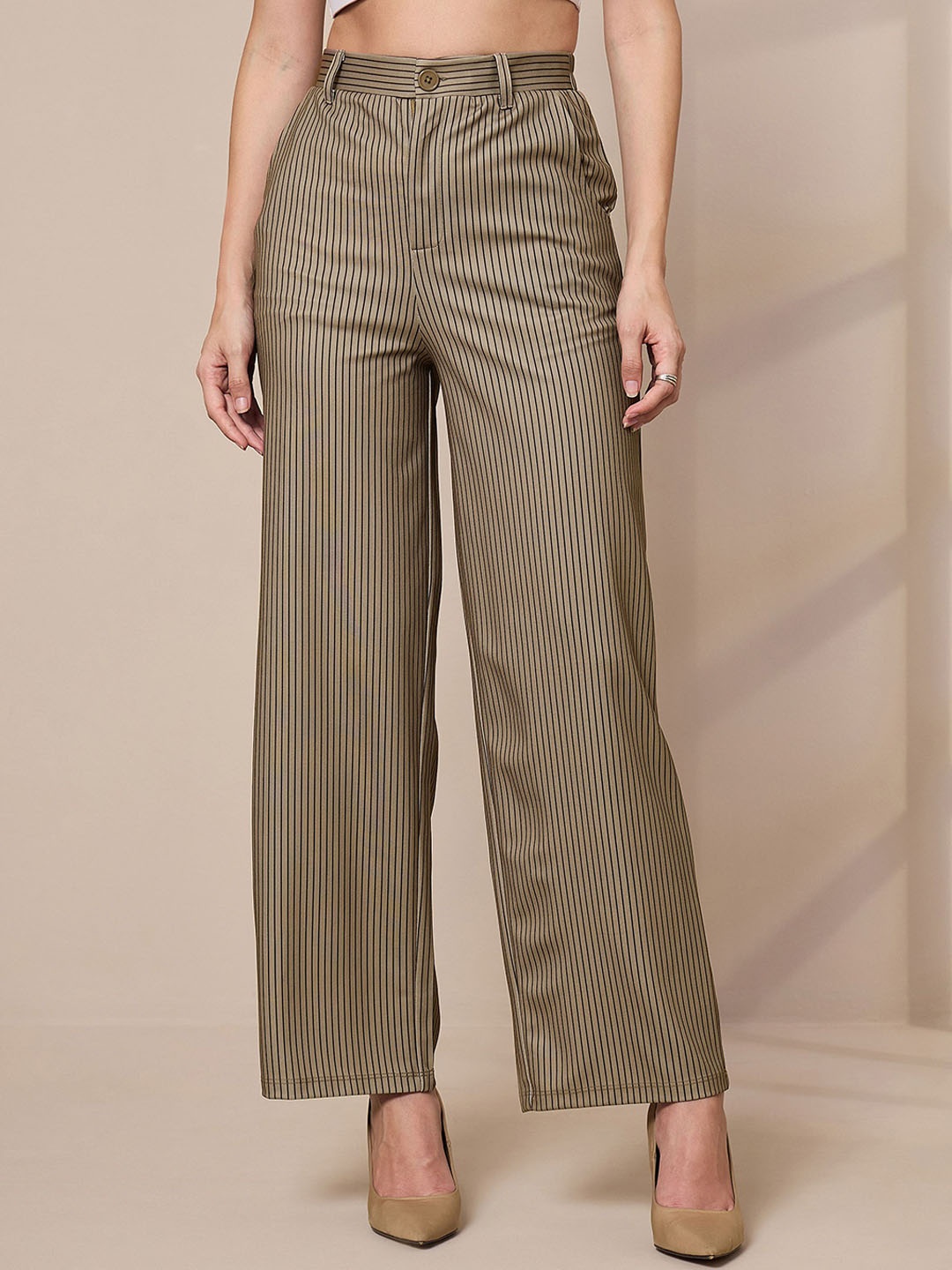 

SASSAFRAS worklyf Women Striped Relaxed Straight Leg High-Rise Trousers, Beige