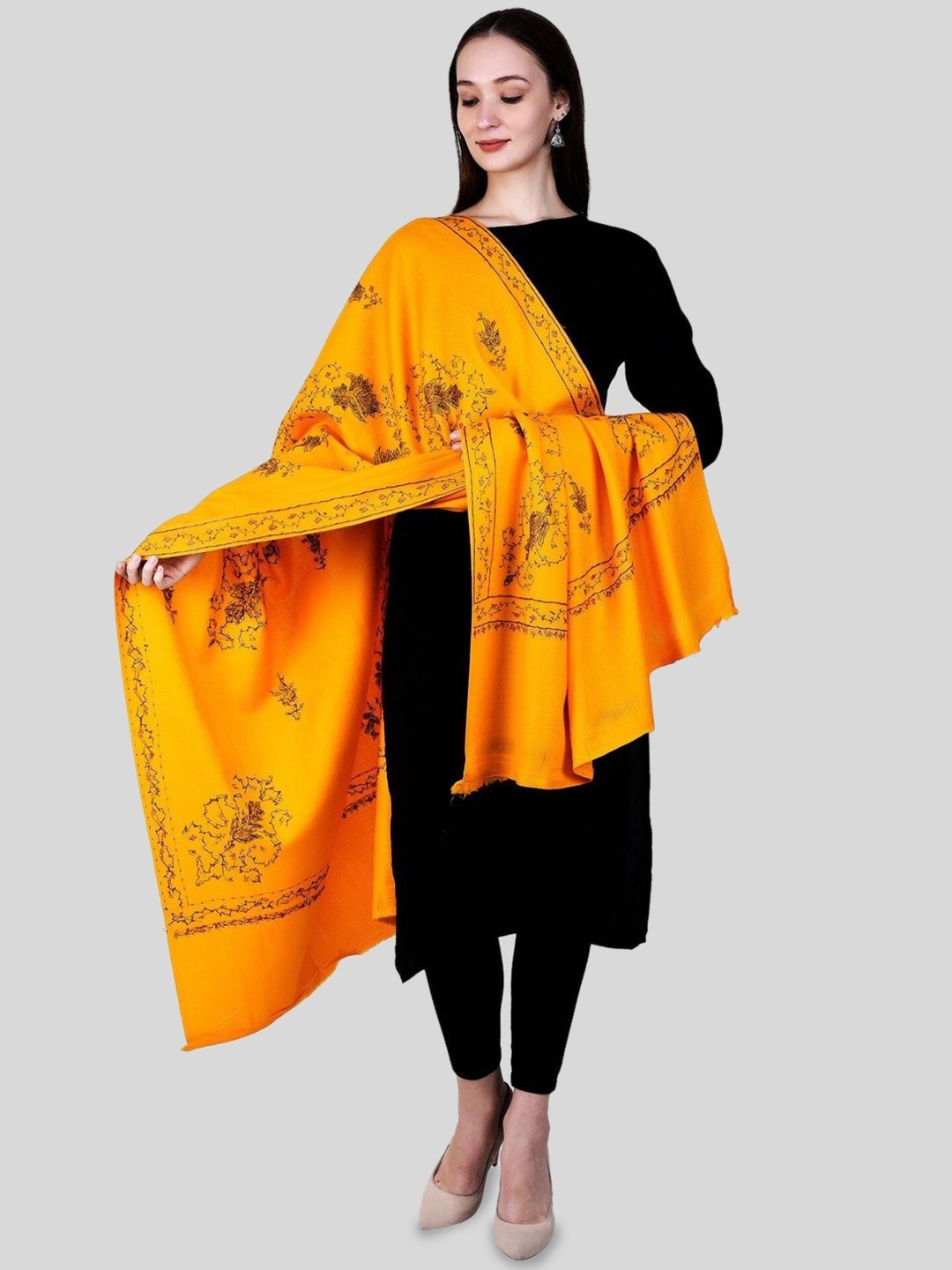 

SWI Stylish Floral Embroidered Pure Woollen Shawl, Yellow