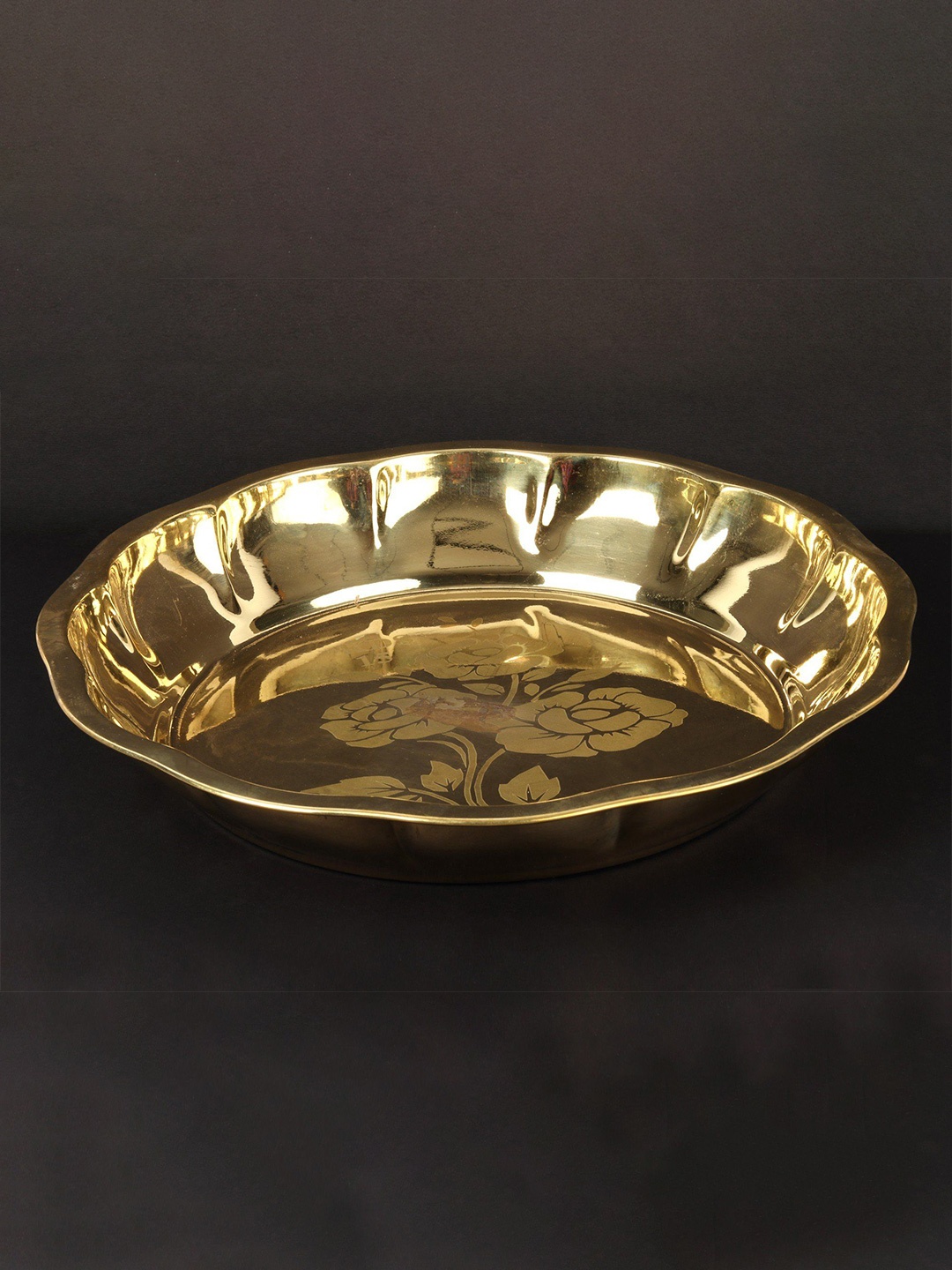 

Exotic India 11" Flower Design Ritual Bowl (Parat) in Brass, Gold