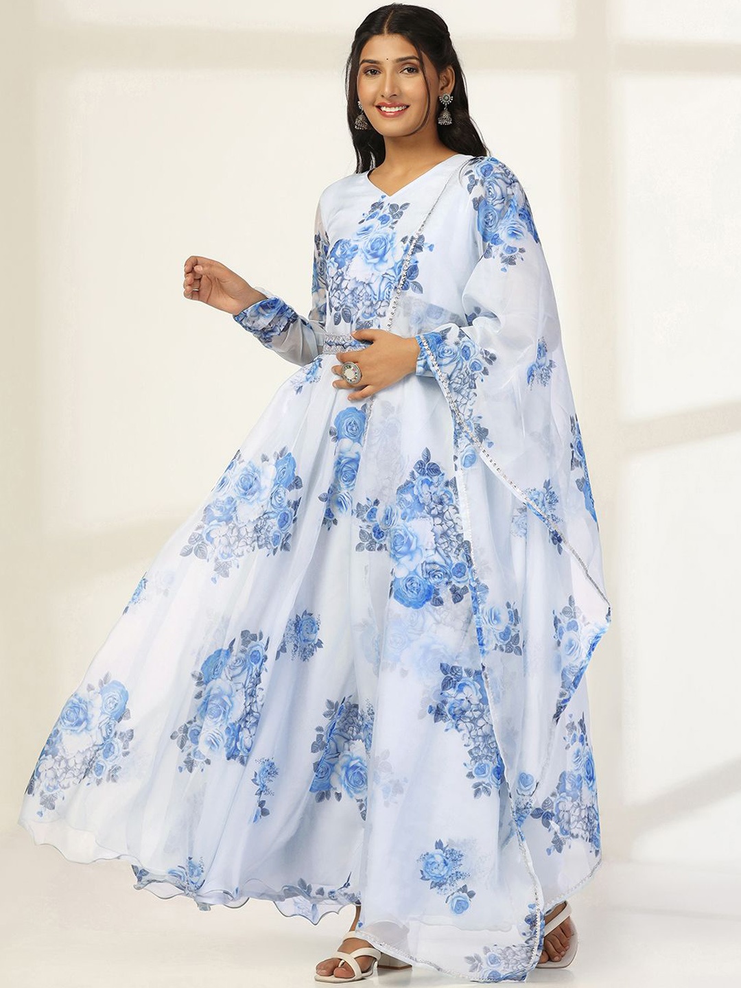 

BAESD Organza Floral Printed Maxi Ethnic Dress With Dupatta, Blue