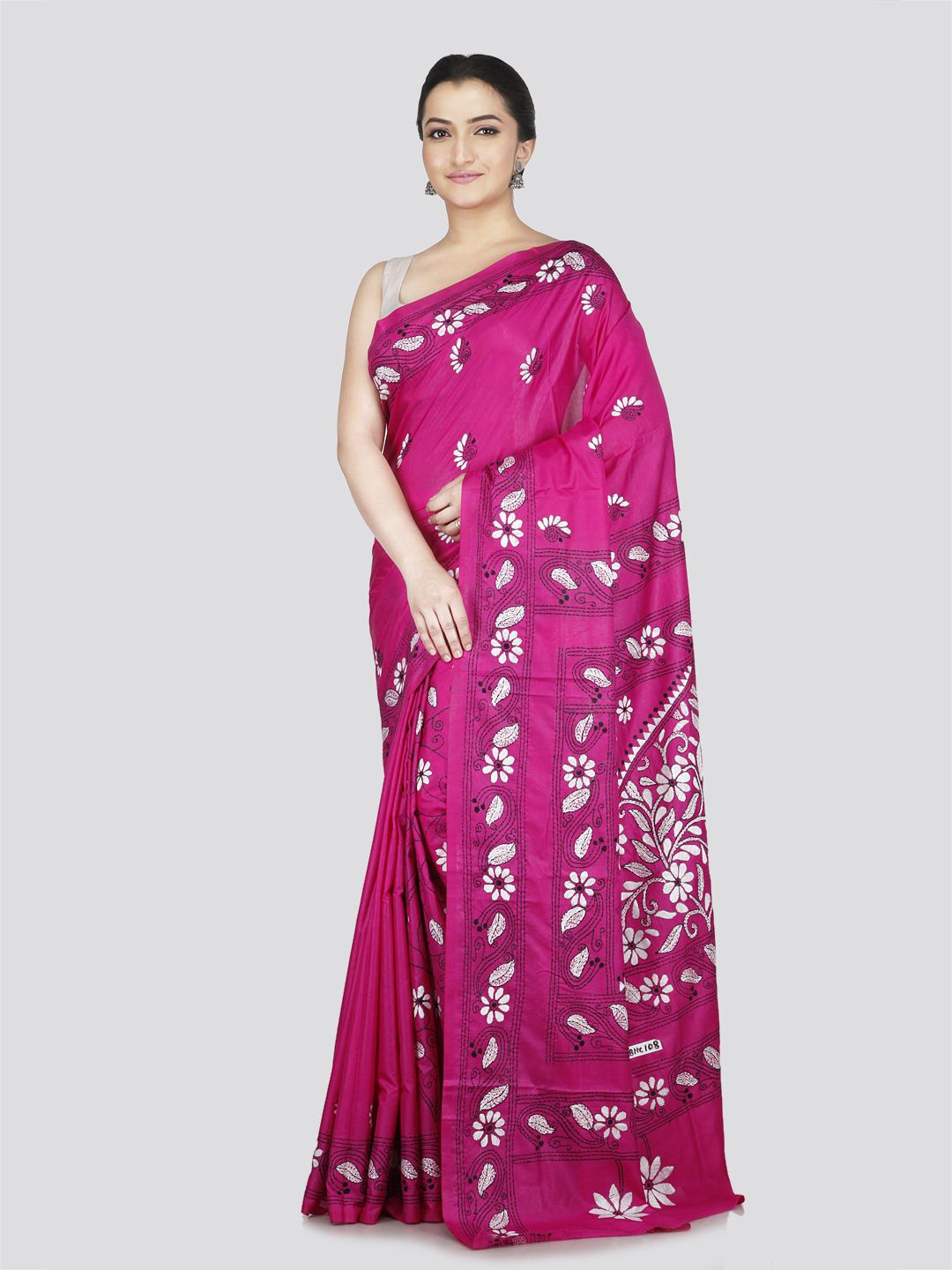 

PinkLoom Ethnic Motifs Kantha Work Pure Silk Saree, Pink