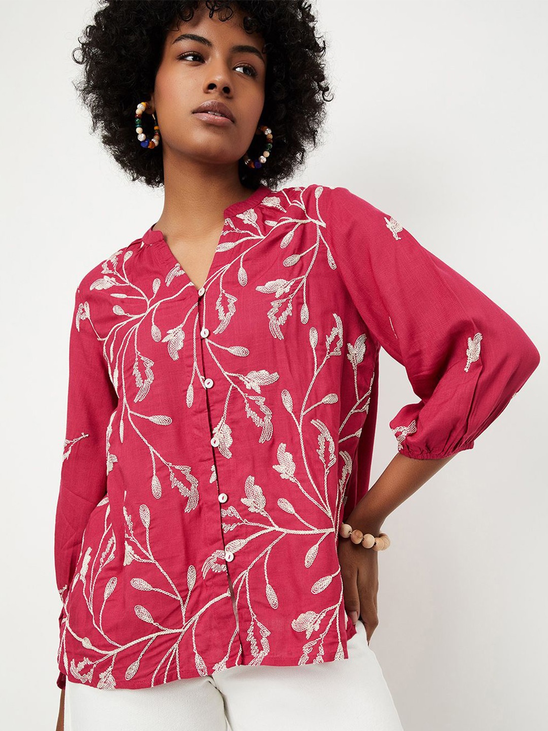 

max Mandarin Collar Embroidered Tunic, Pink