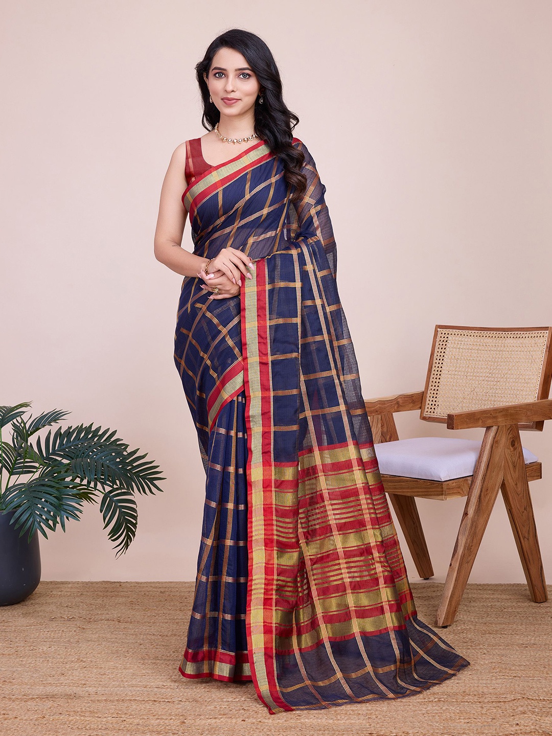 

Aldwych Woven Design Zari Chanderi Saree, Navy blue