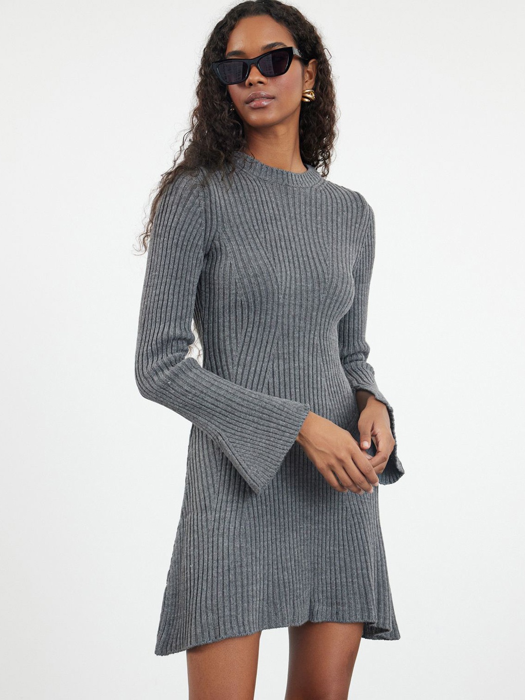 

Trendyol Striped Bell Sleeve Above Knee A-Line Dress, Grey