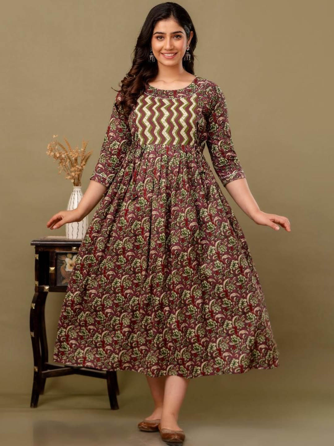 

MURLI KURTI Floral Printed Round Neck Fit and Flare Maternity Ethnic Dress, Purple