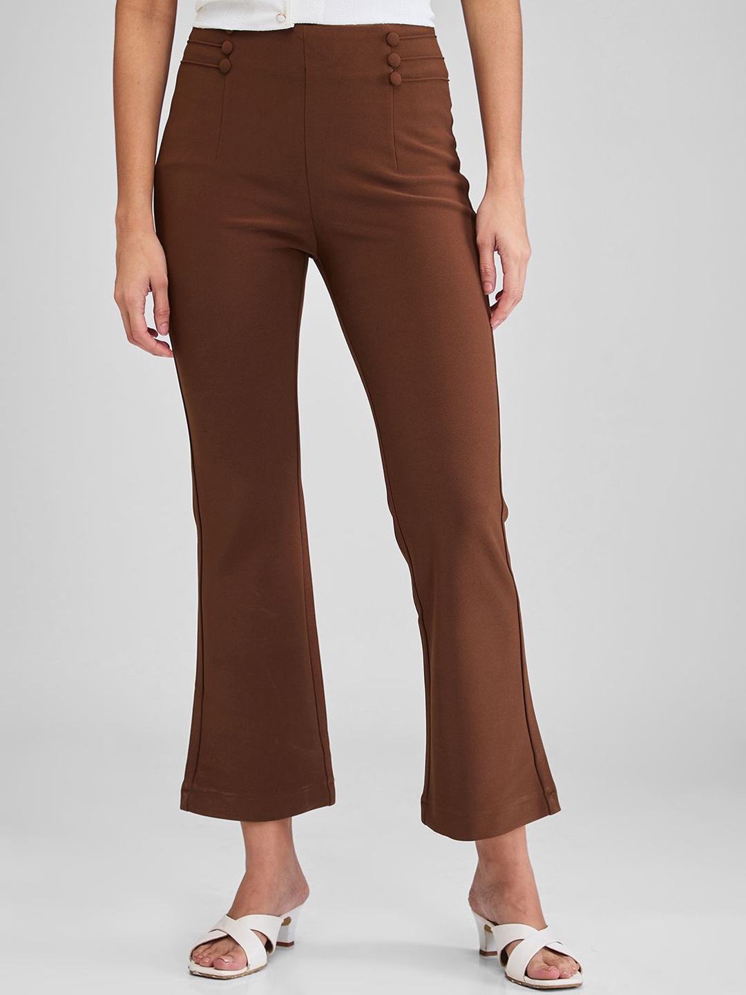 

Spykar Bootcut High Rise Knitted Solid Trousers, Brown