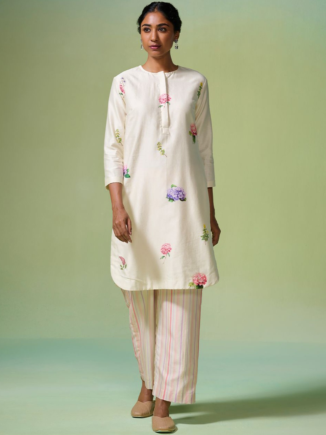 

Dressfolk Floral Printed Cotton Silk Tunic & Trousers, Off white