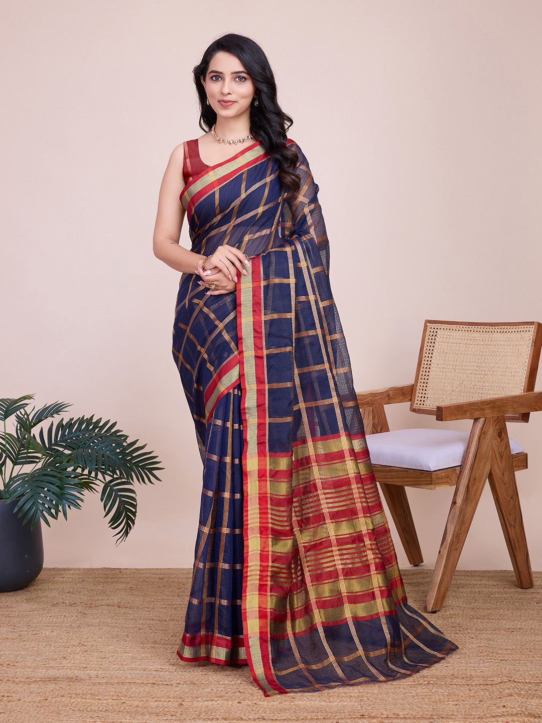 

Mitera Checked Zari Kota Saree, Navy blue