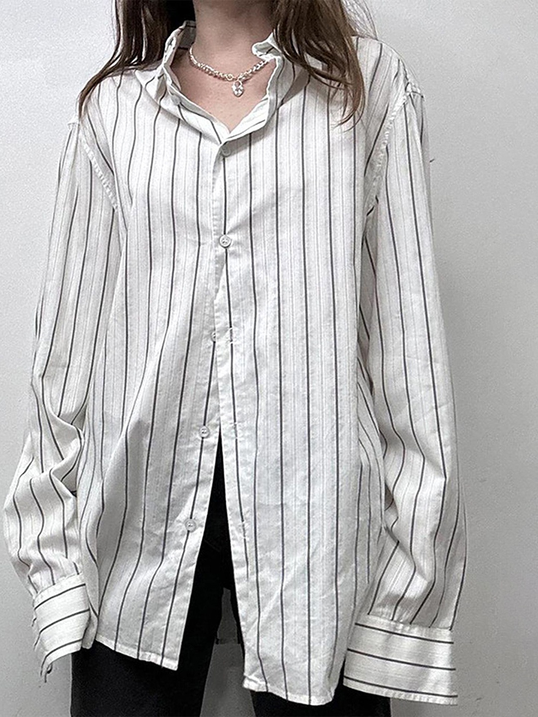 

LULU & SKY Striped Shirt Style Longline Top, White