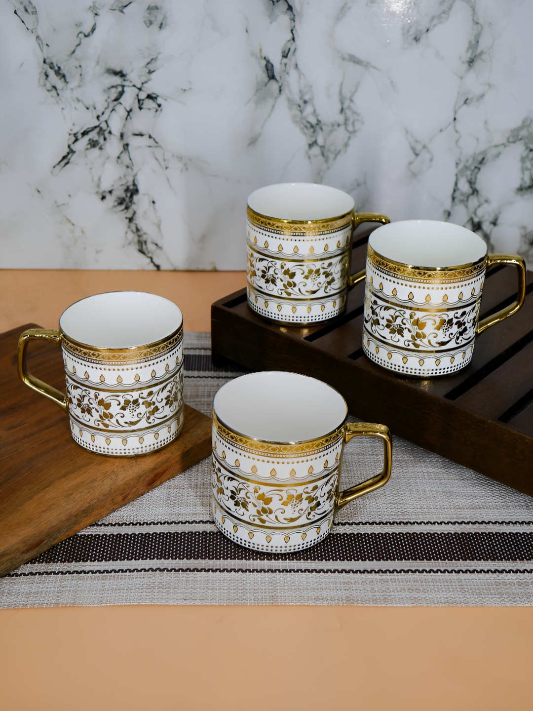 

Femora Gold-Toned & White 4 Pieces Floral Printed Ceramic Glossy Cups 180 ml each