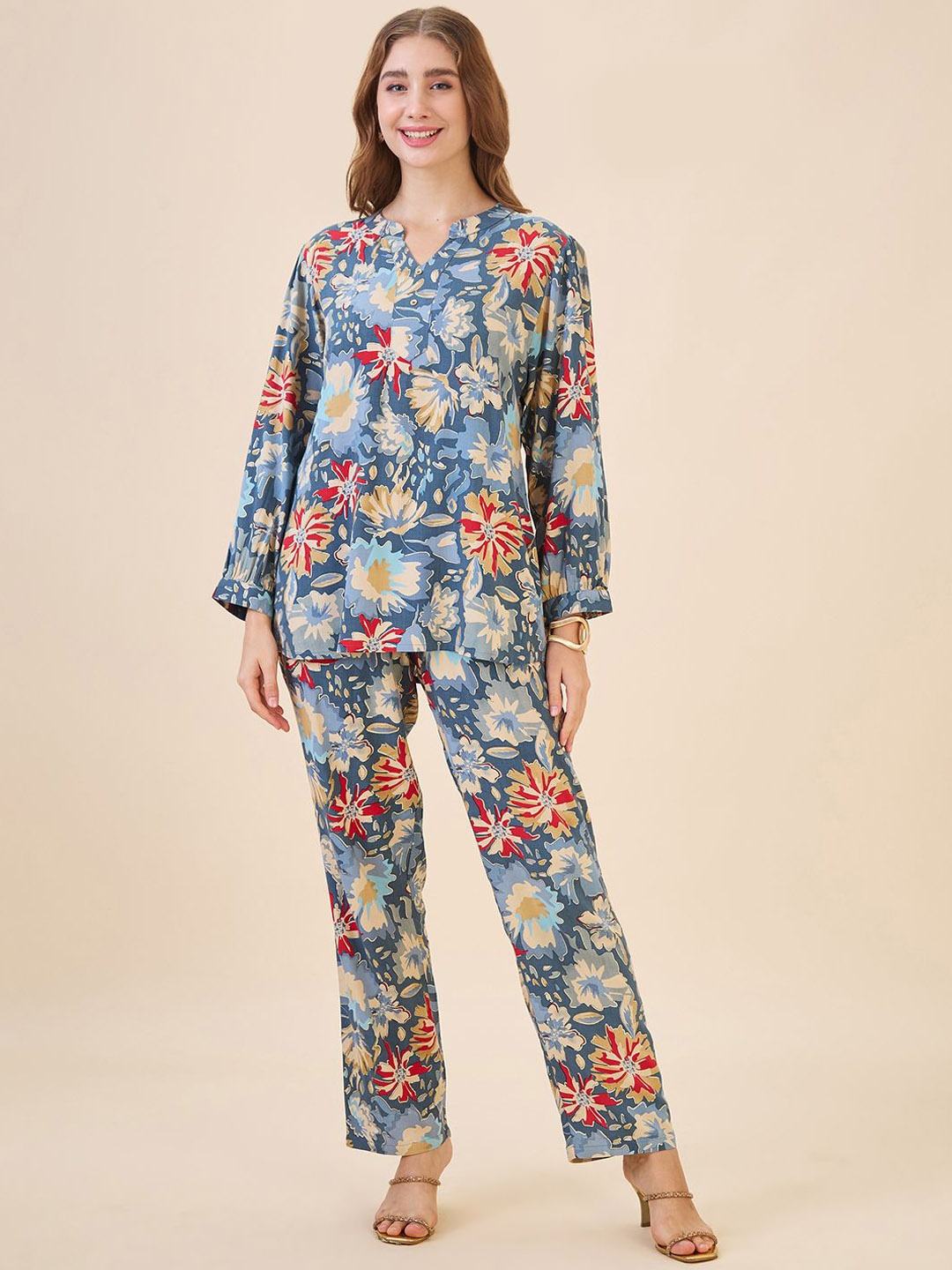 

AV2 Floral Printed Mandarin Collar Tunic & Trouser, Blue