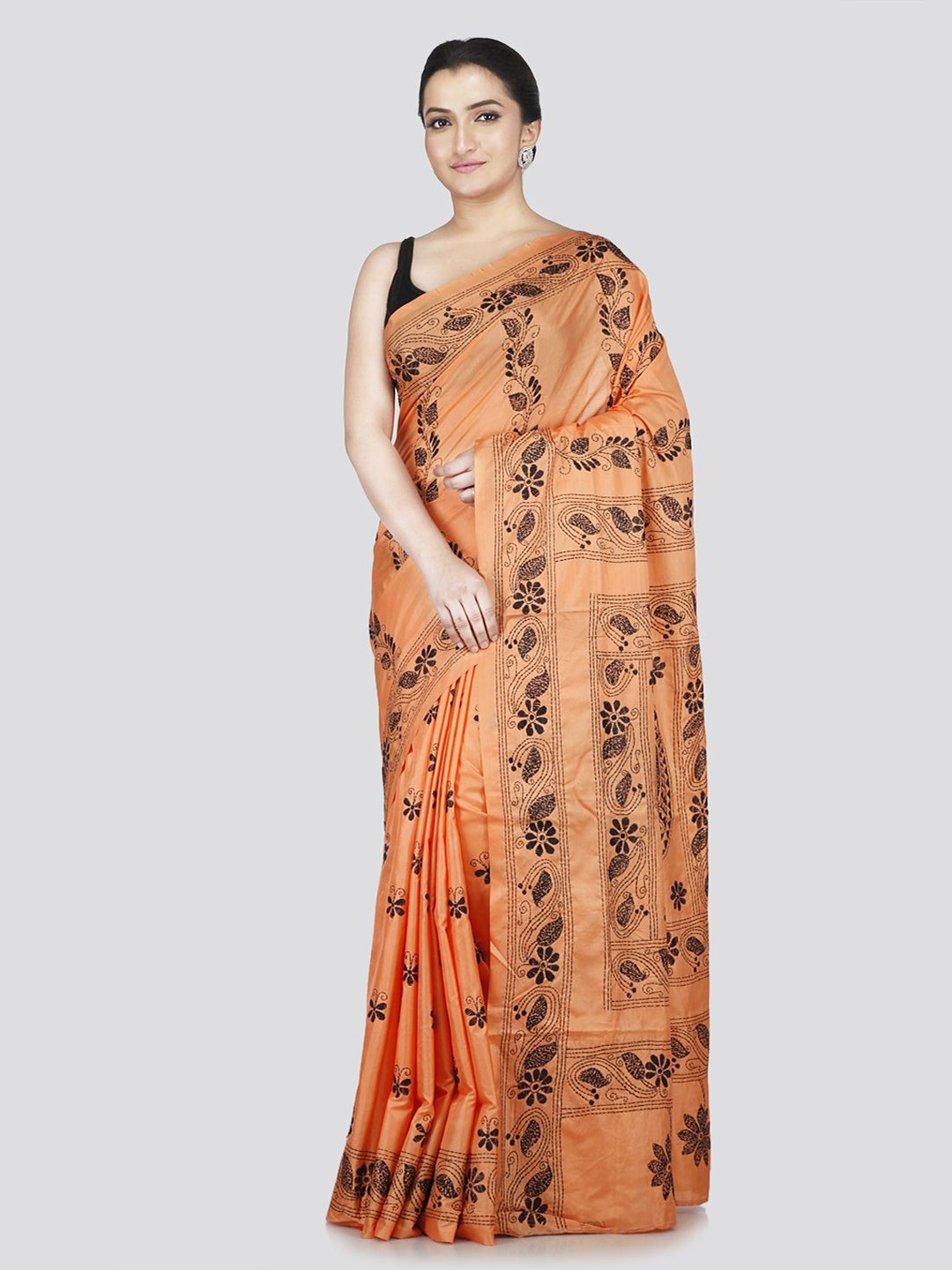 

PinkLoom Floral Kantha Work Pure Silk Saree, Peach