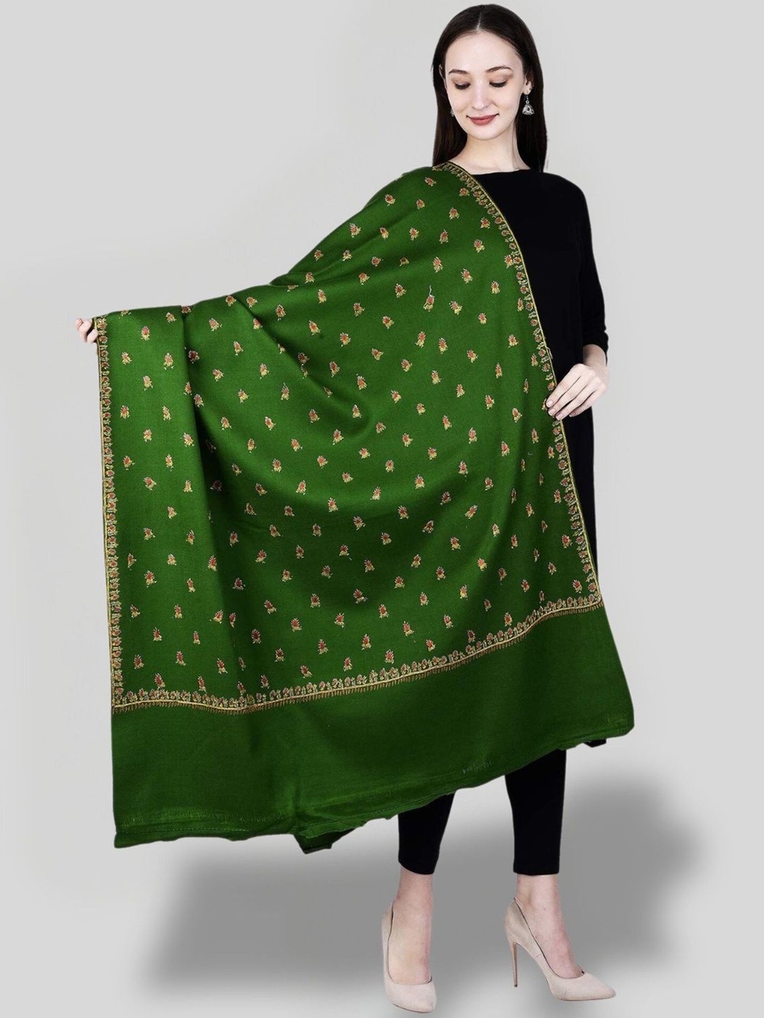 

SWI Stylish Floral Embroidered Pure Woollen Shawl, Green