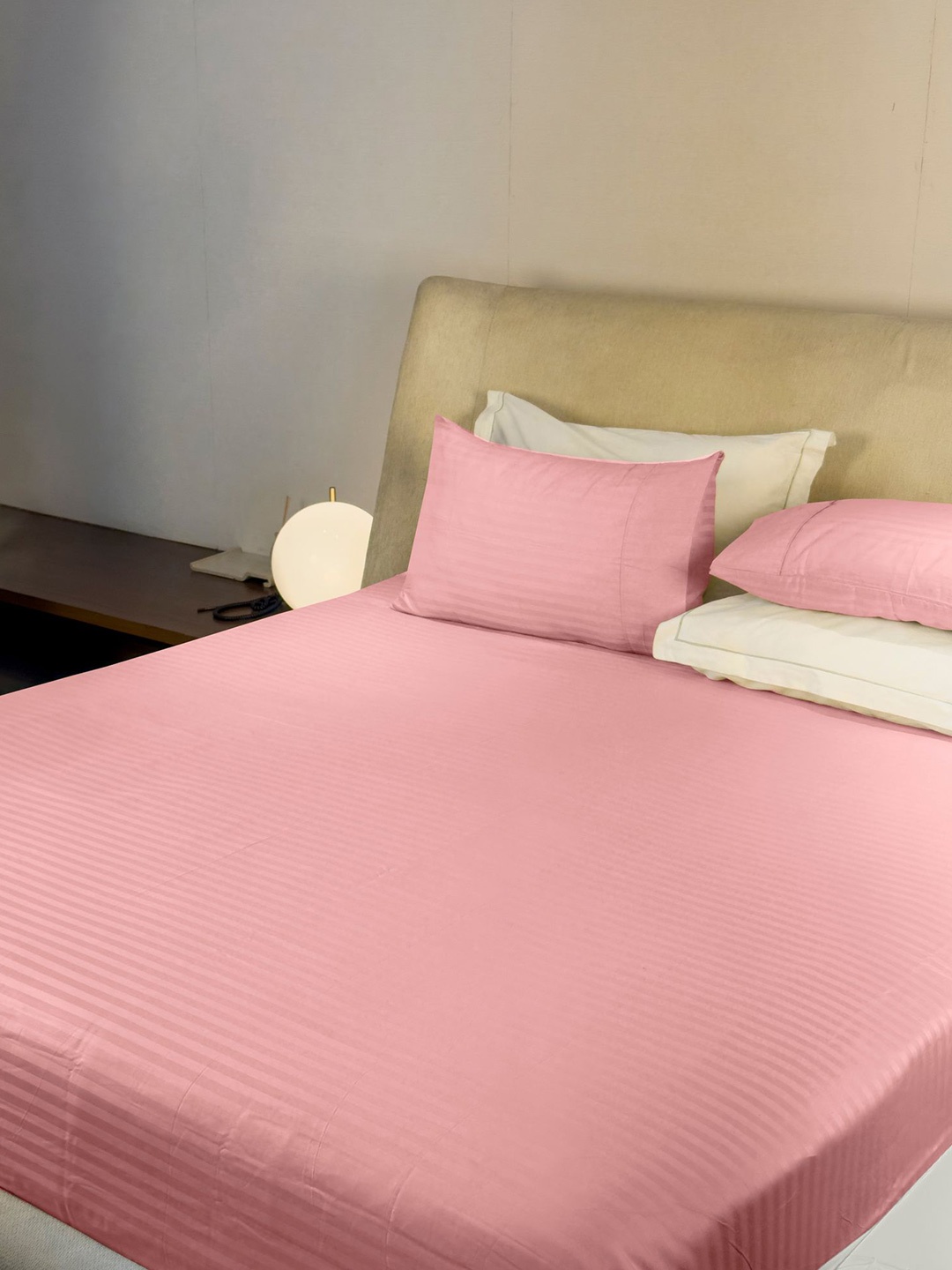 

LABHAM Pink Striped Cotton 210 TC King Bedsheet with 2 Pillow Covers