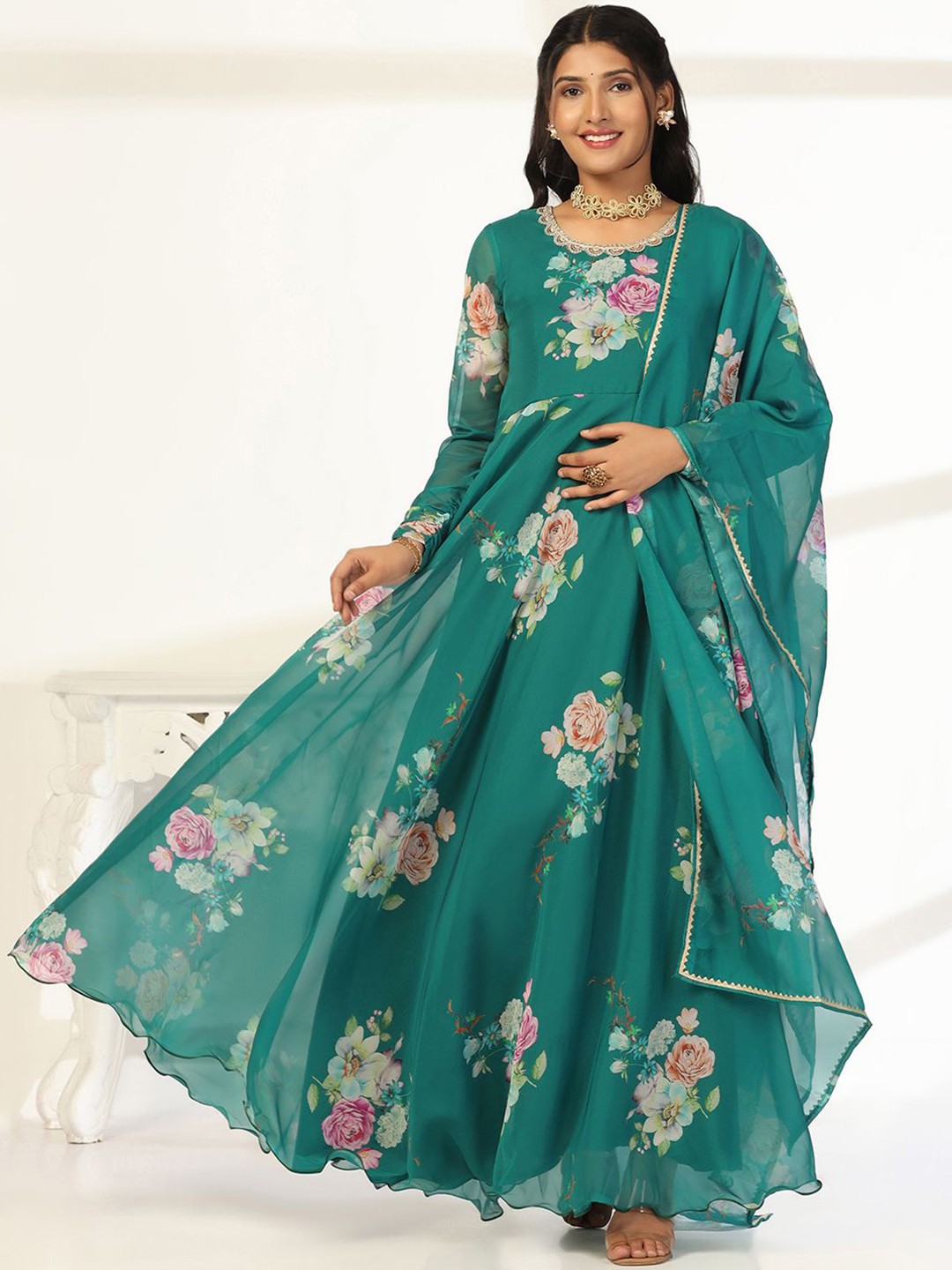 

BAESD Floral Printed Maxi Ethnic Dress With Dupatta, Green