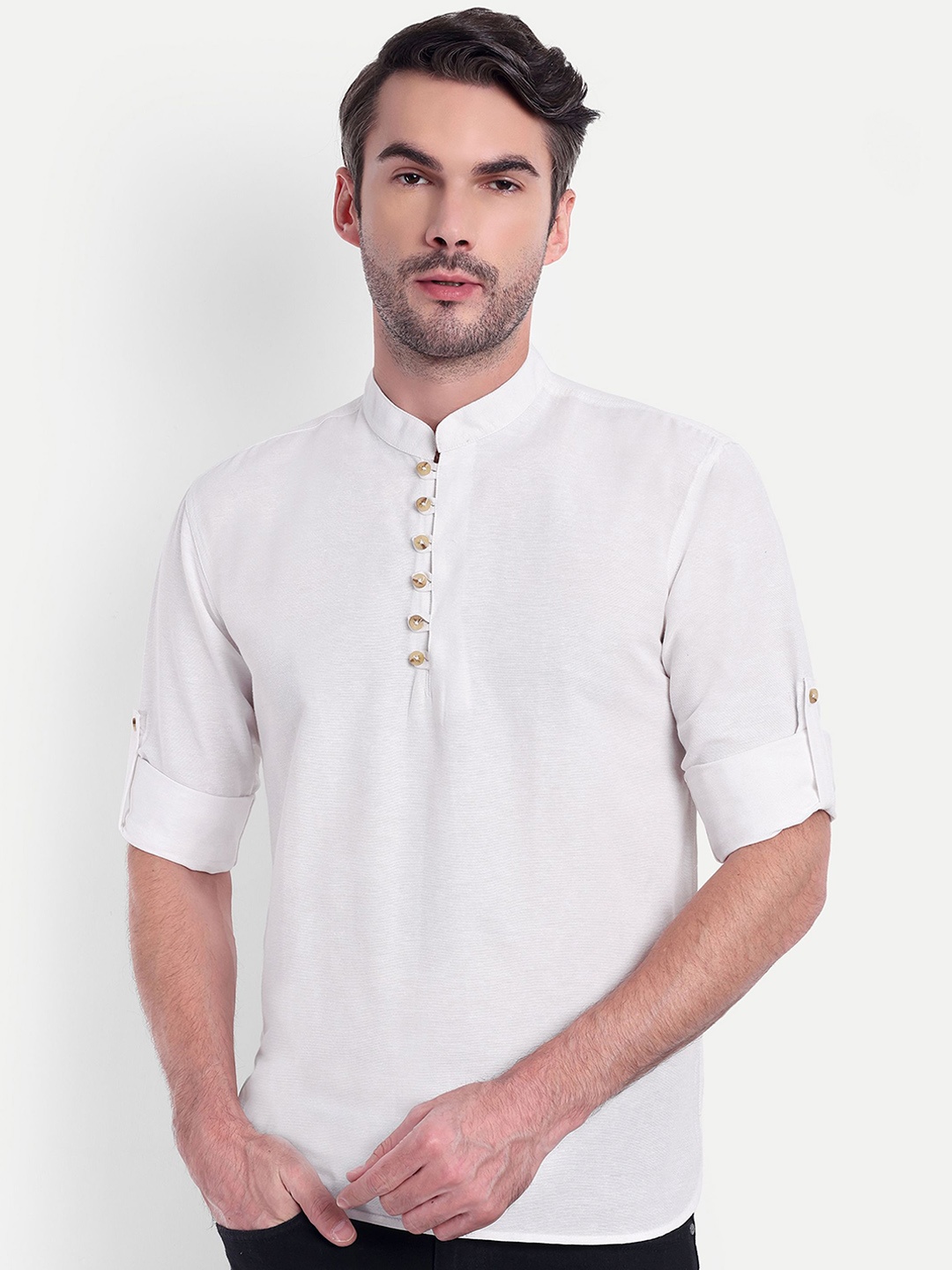 

LIFE ROADS Mandarin Collar Roll-Up Sleeves Cotton Straight Short Kurta, White