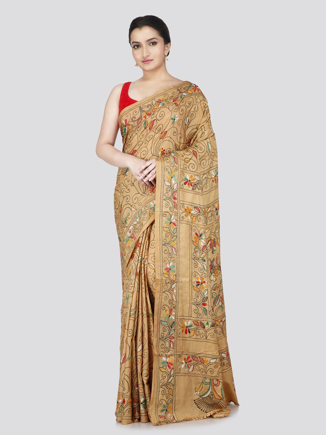 

PinkLoom Floral Kantha Work Pure Silk Saree, Beige