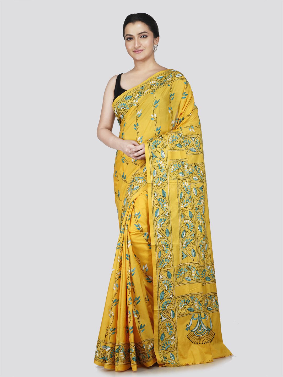 

PinkLoom Floral Kantha Work Pure Silk Saree, Yellow